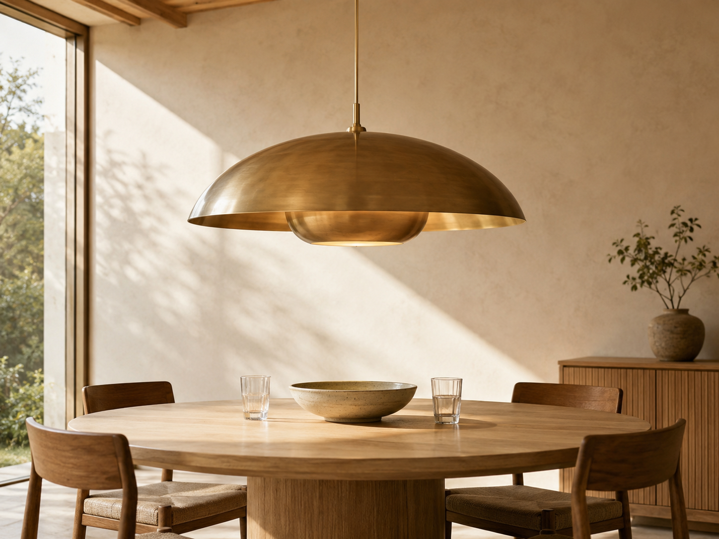 Wide brass dome pendant light centered above a round dining table, showing correct fixture-to-table proportion