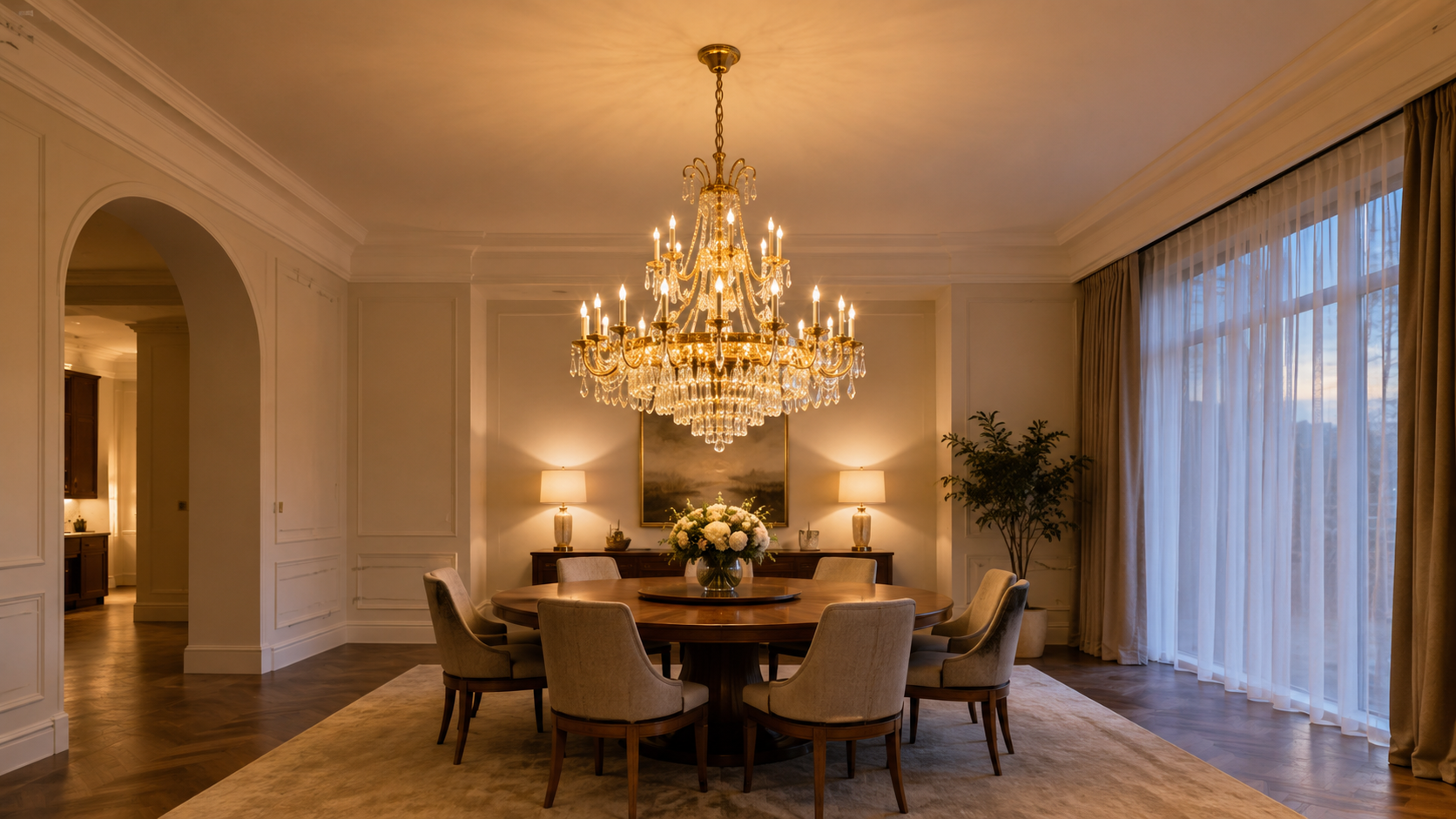 Gold K9 crystal chandelier hanging 32 inches above a round dining table