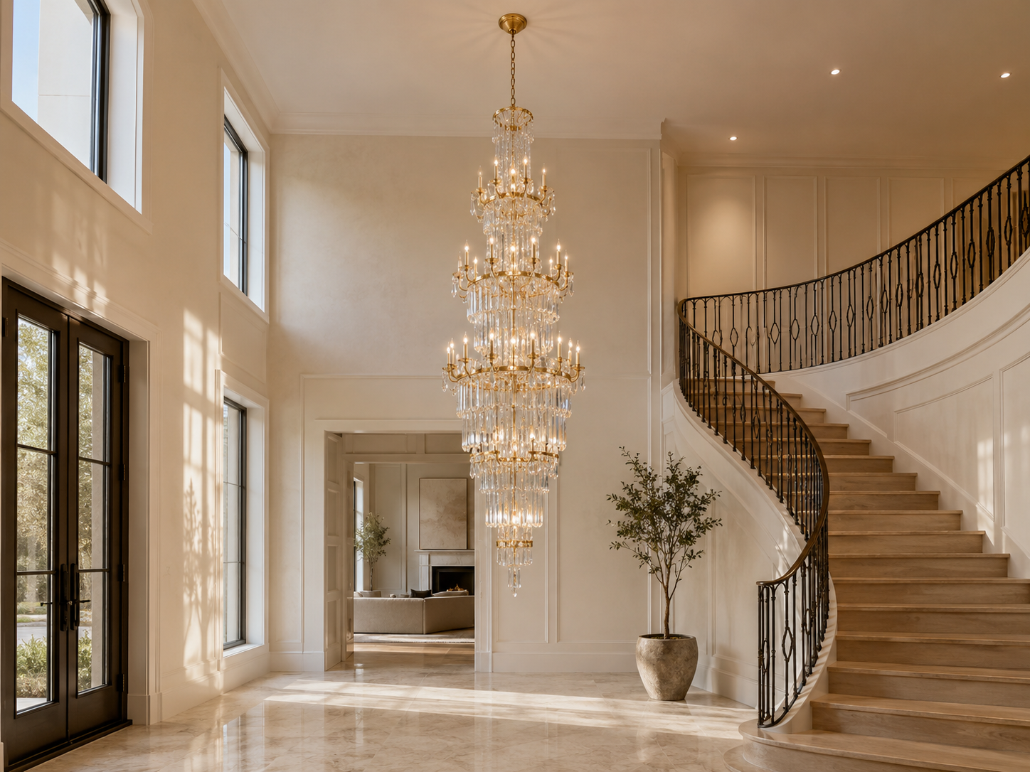 Gold crystal chandelier in a two-story foyer entryway