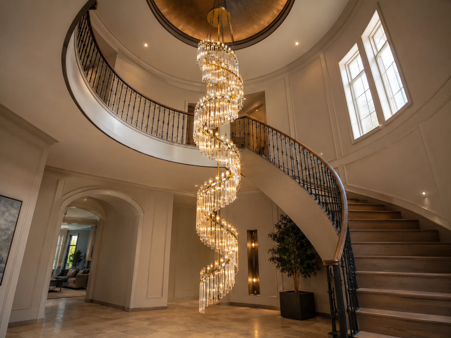 Tall spiral gold crystal chandelier in a two-story stairwell