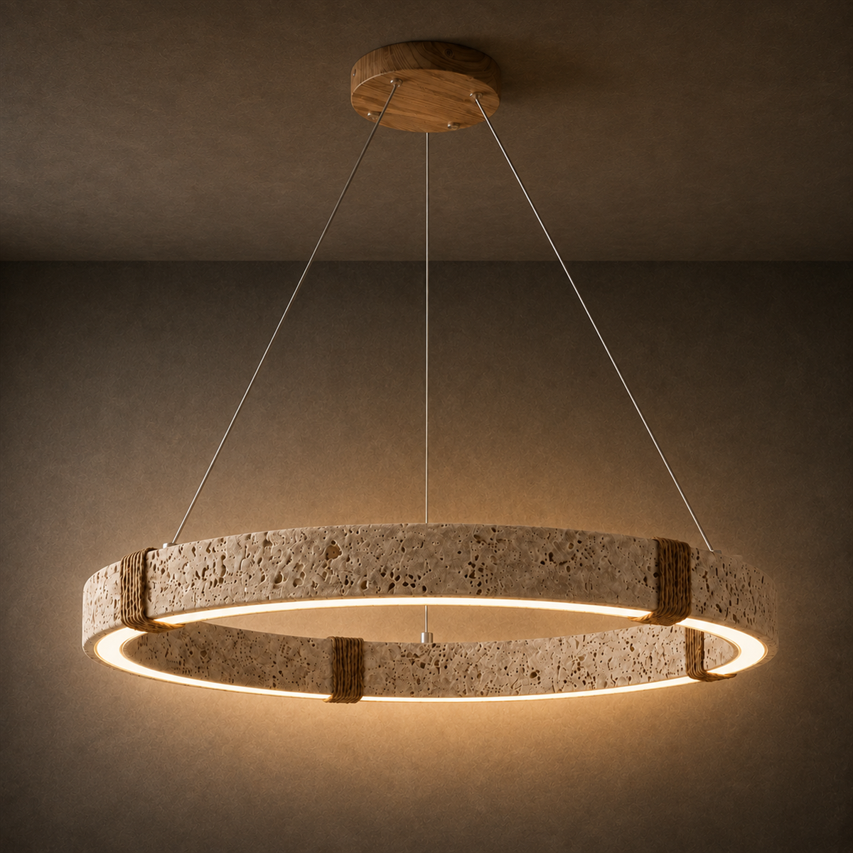 Ringo Round Travertine Ring Chandelier | Organic Modern LED Pendant for Dining & Living Rooms