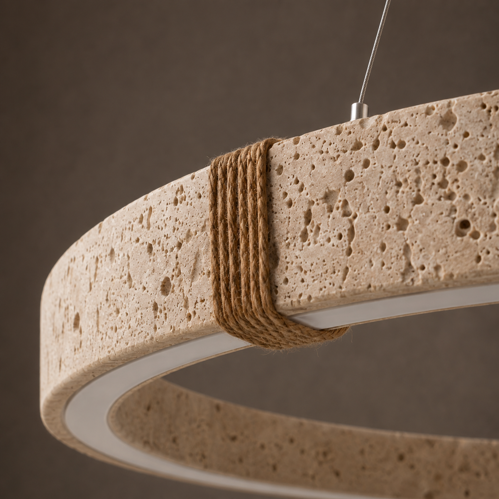 Ringo Round Travertine Ring Chandelier | Organic Modern LED Pendant for Dining & Living Rooms
