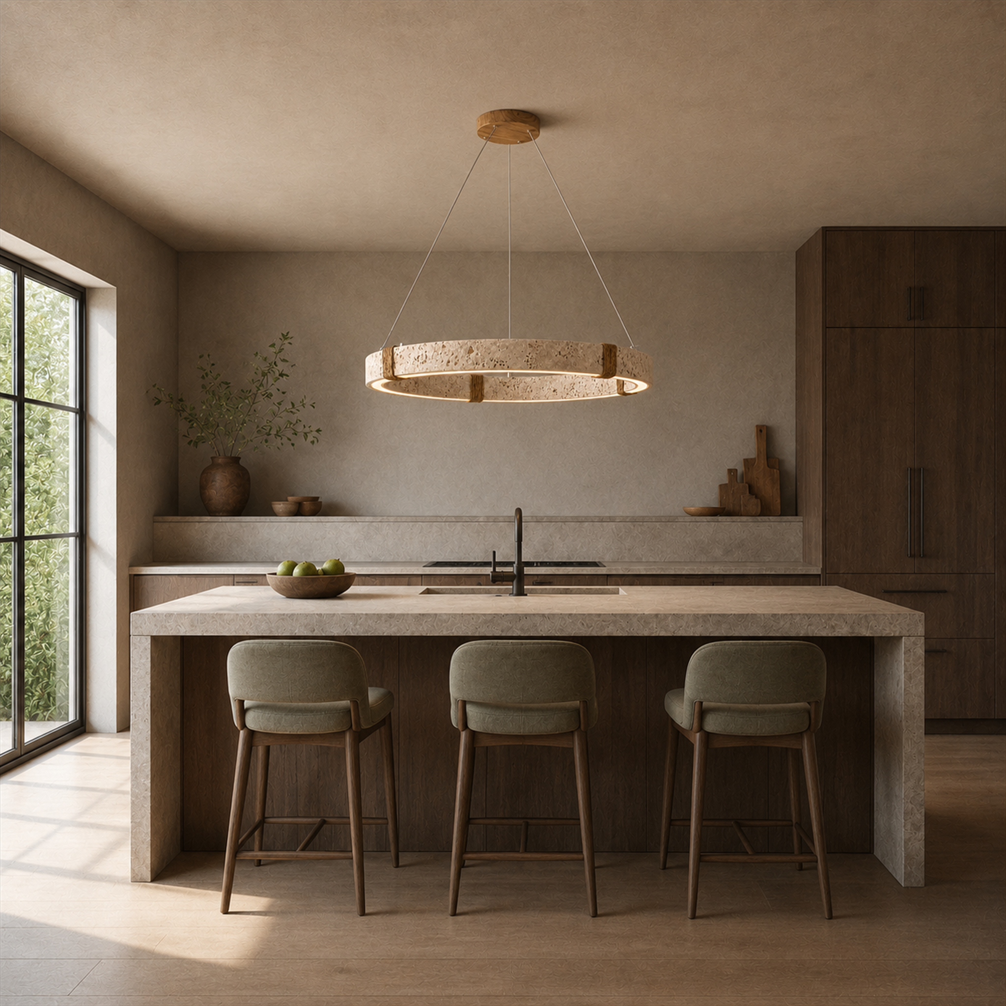 Ringo Round Travertine Ring Chandelier | Organic Modern LED Pendant for Dining & Living Rooms