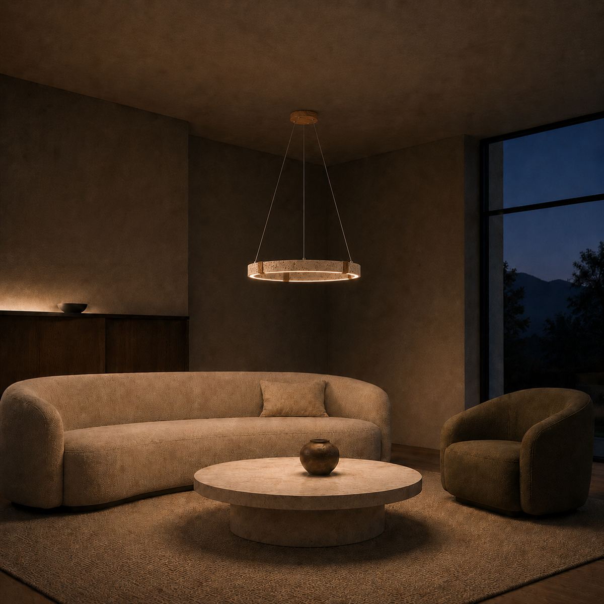 Ringo Round Travertine Ring Chandelier | Organic Modern LED Pendant for Dining & Living Rooms