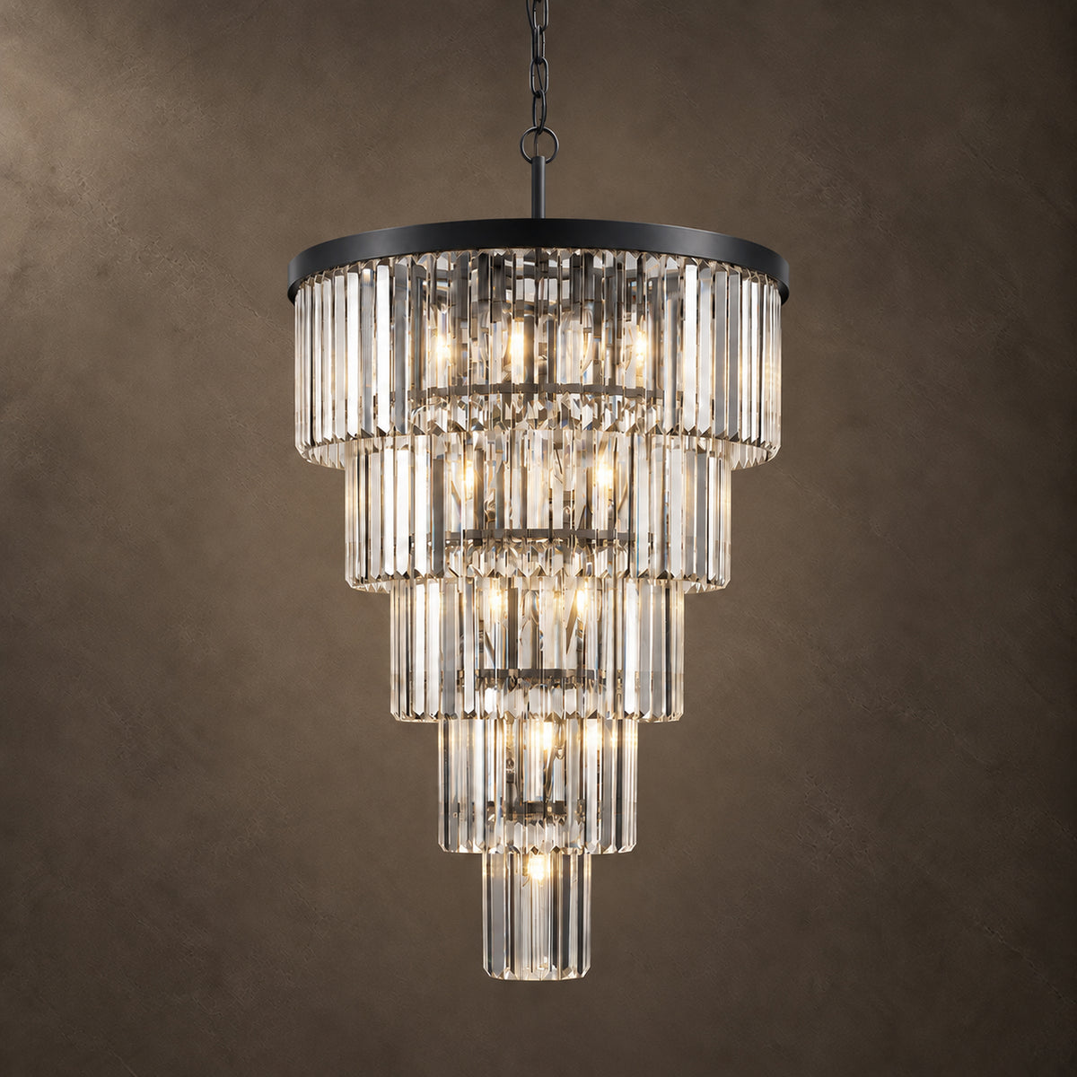 Cascata Chandelier, 5-Tier 14-Light Black K9 Crystal, 24" Dia
