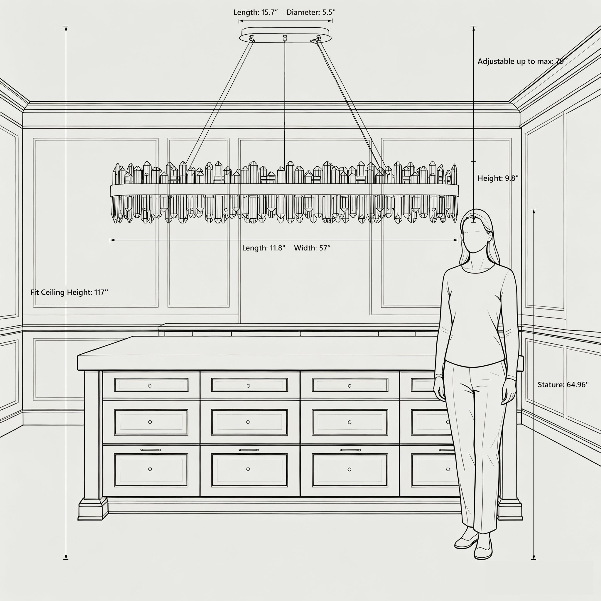 Rectangular Crystal Chandelier 57" — 32-Light Modern K9 Chandelier