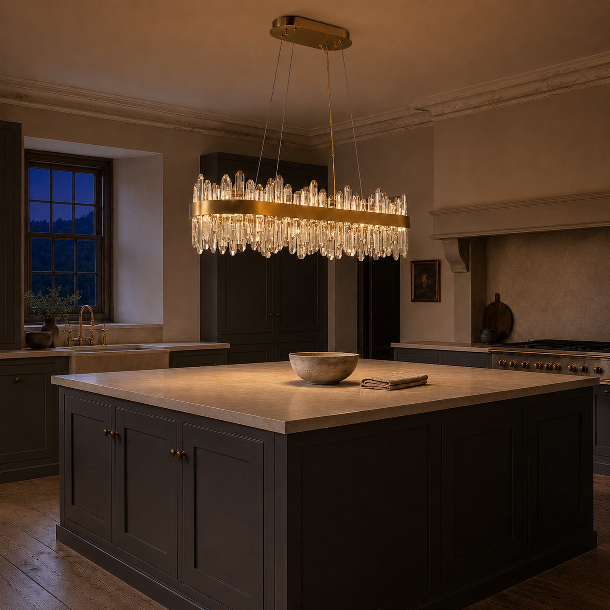 Oval Crystal Chandelier 35.4" — 20-Light Gold K9 for Dining Rooms