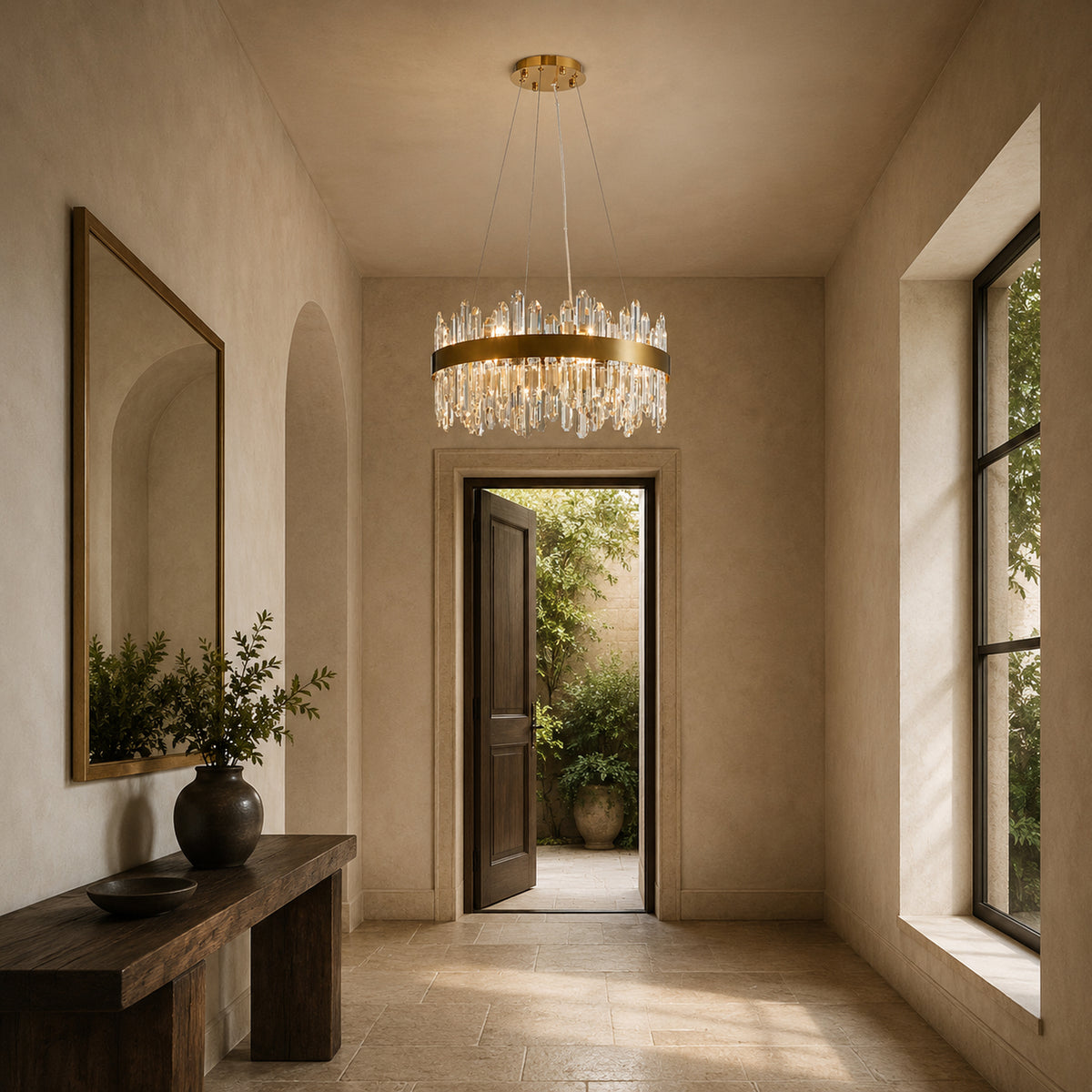 Round 2-Tier K9 Crystal Chandelier 23" — 16-Light Gold Modern Chandelier