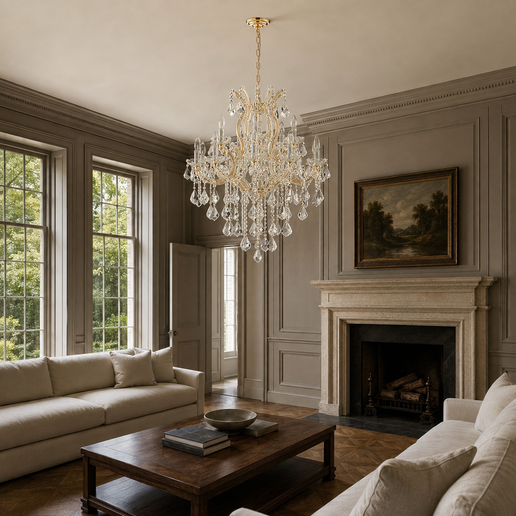 Maria Theresa Crystal Chandelier — 15-Light Gold K9 for High Ceilings