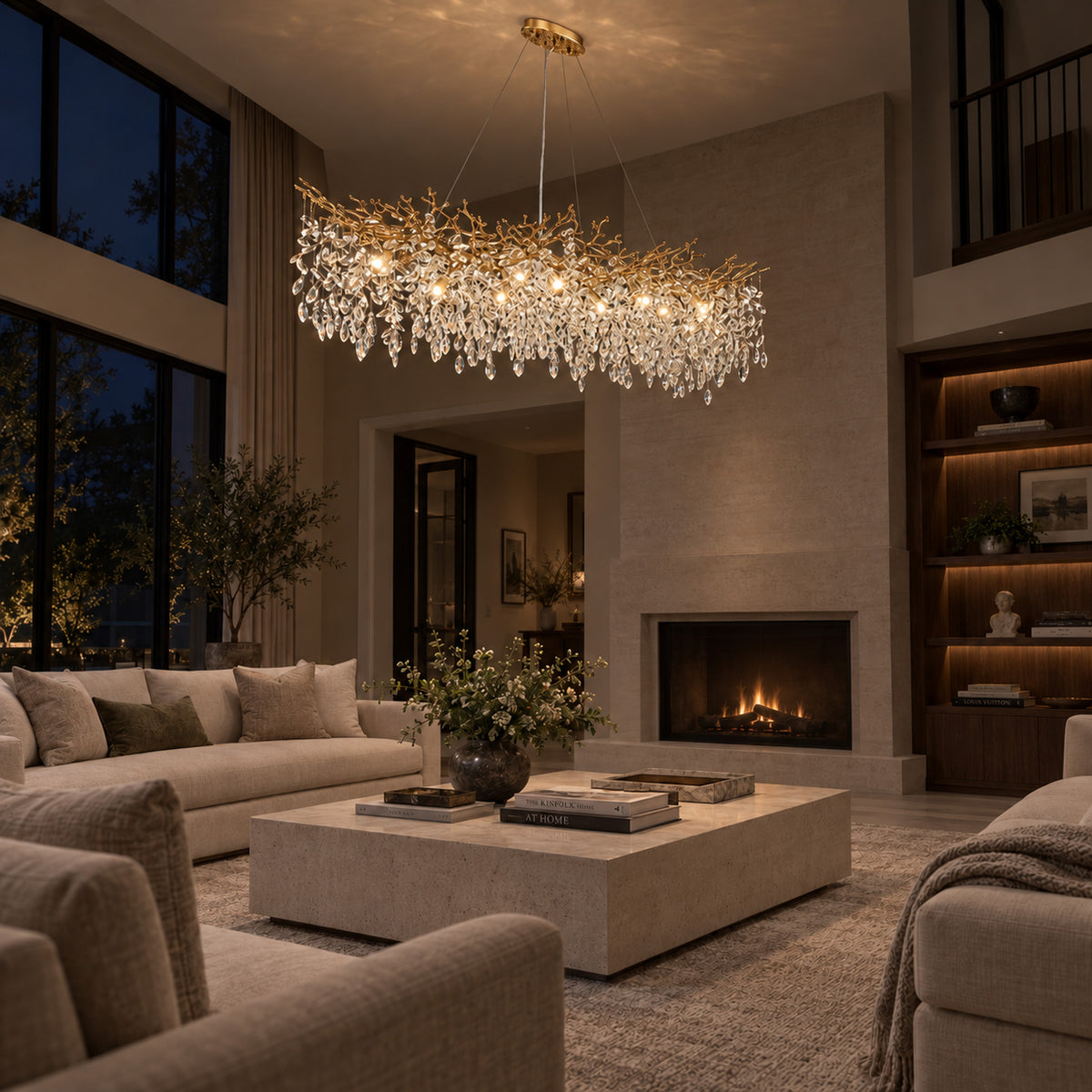 Rami Branch Chandelier, 14-Light Gold K9 Crystal, 63" Long