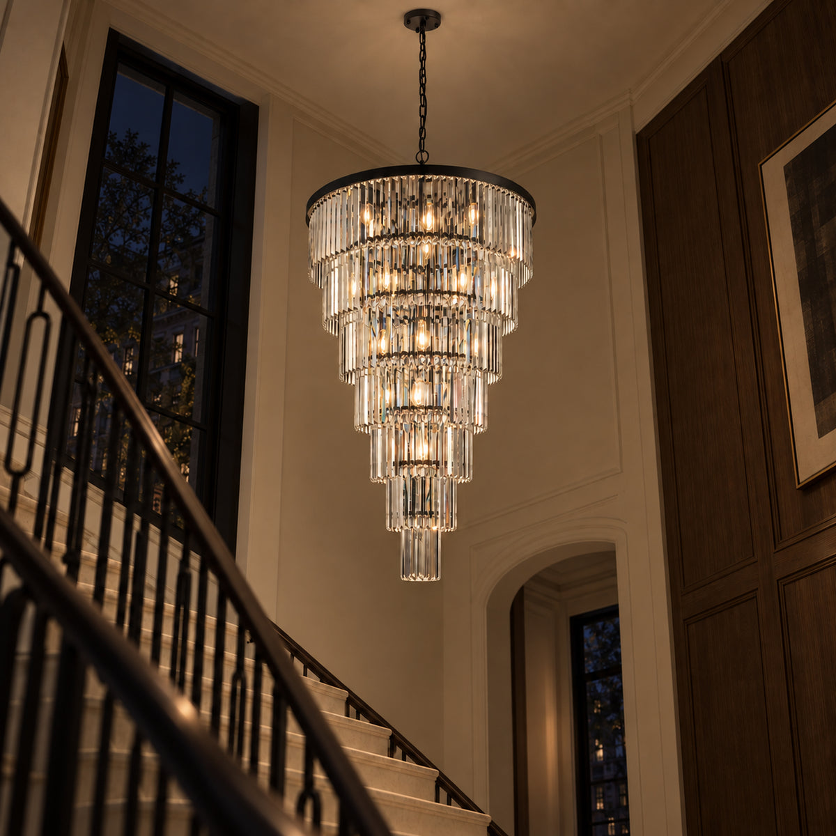 Cascata Chandelier, 7-Tier 22-Light Black K9 Crystal, 30" Dia