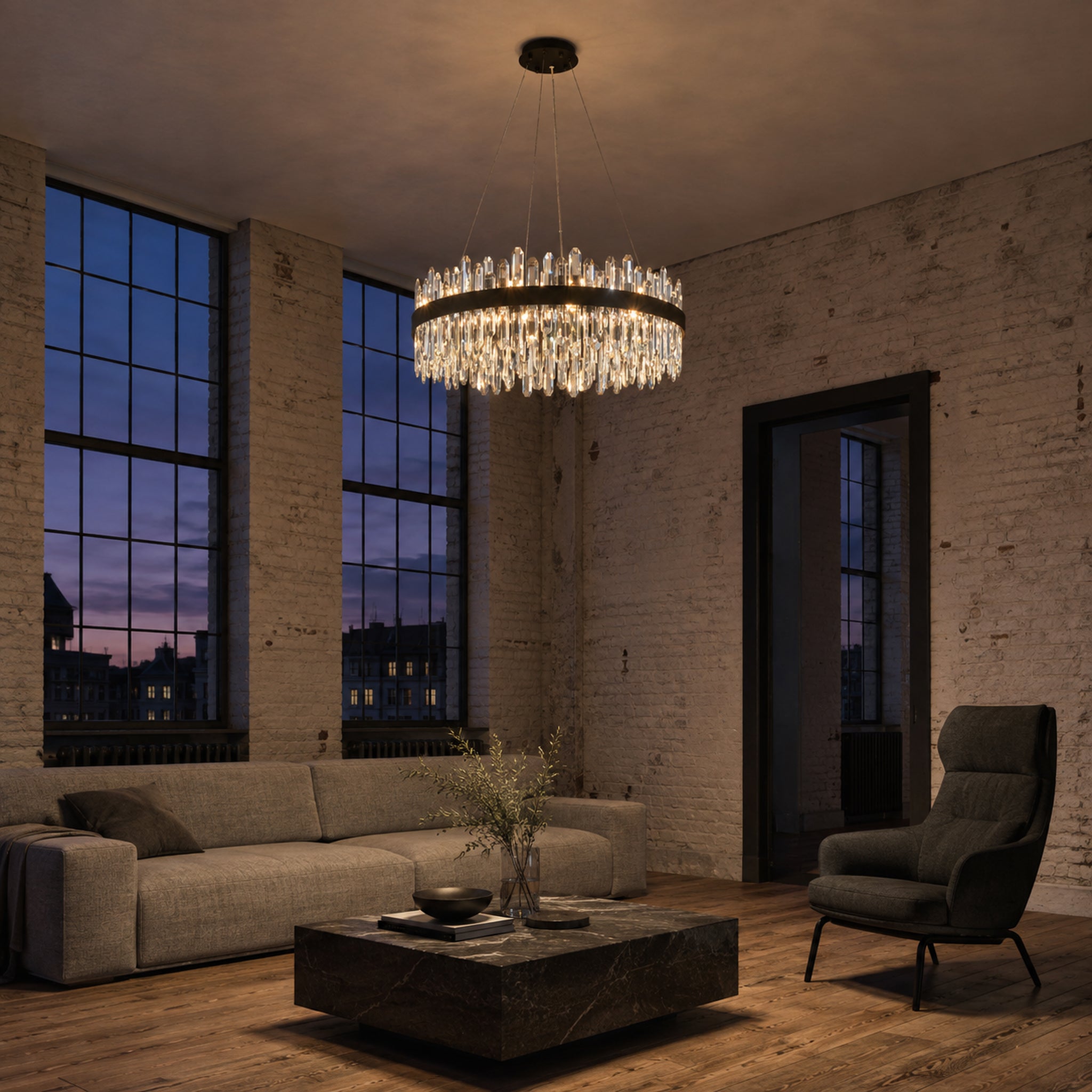 Modern Round Chandelier, D30 inch 24-Light 2-Tier K9 Crystal Pendant Ceiling Light Fixture for Dining Room, Living Room, Kitchen