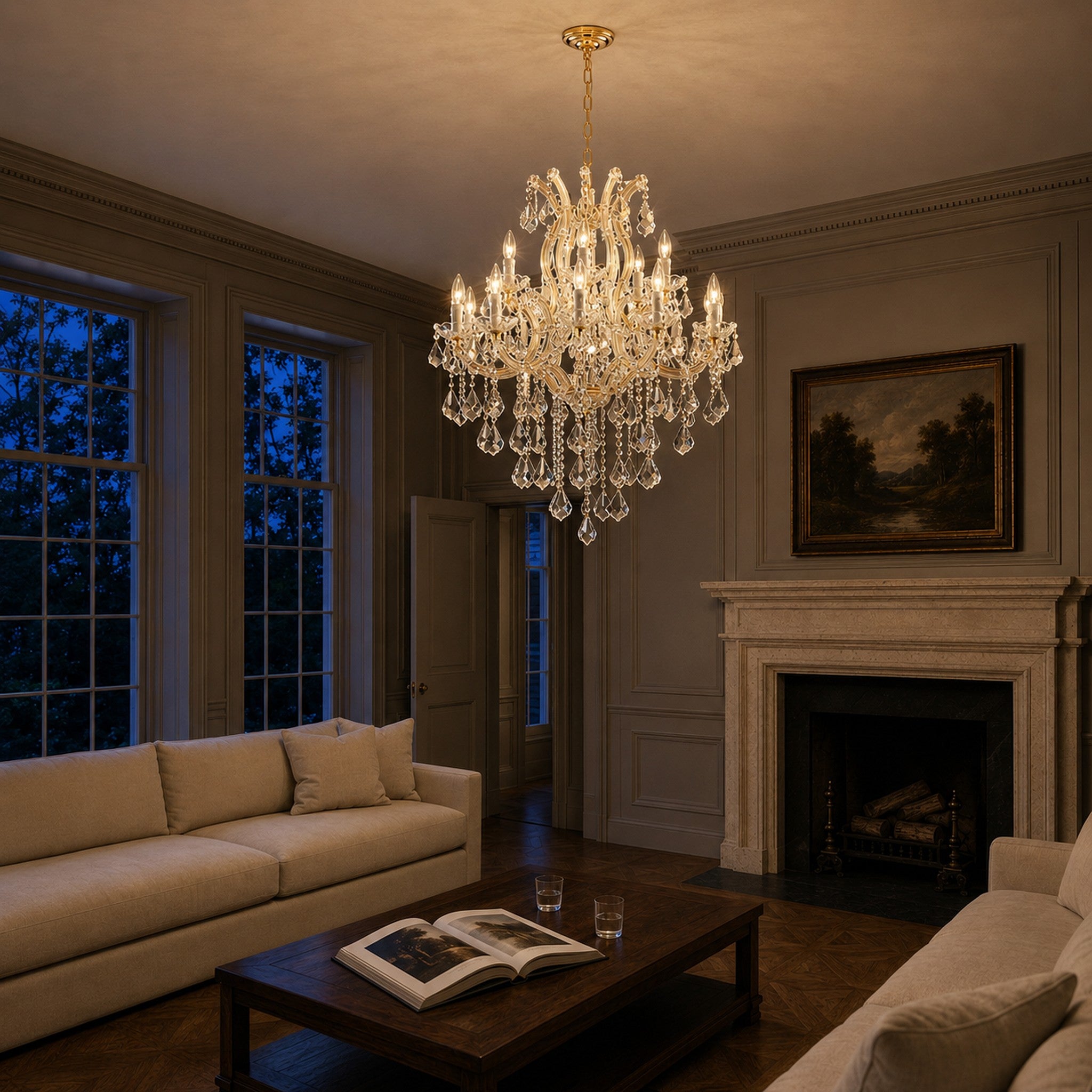 Maria Theresa Crystal Chandelier — 15-Light Gold K9 for High Ceilings