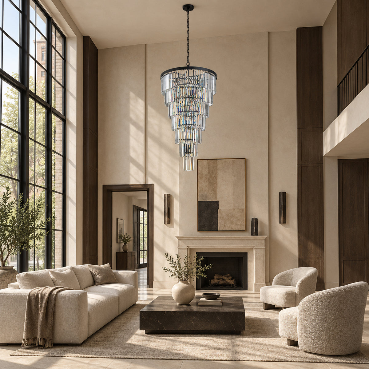 Cascata Chandelier, 7-Tier 22-Light Black K9 Crystal, 30" Dia