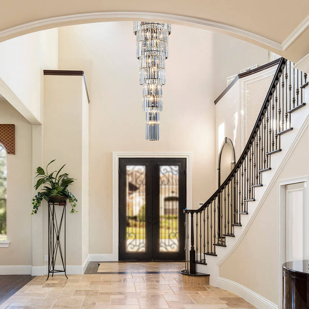 Spiral crystal chandelier in foyer entrance hallway