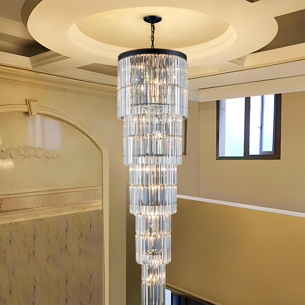 Spiral crystal chandelier in high ceiling foyer