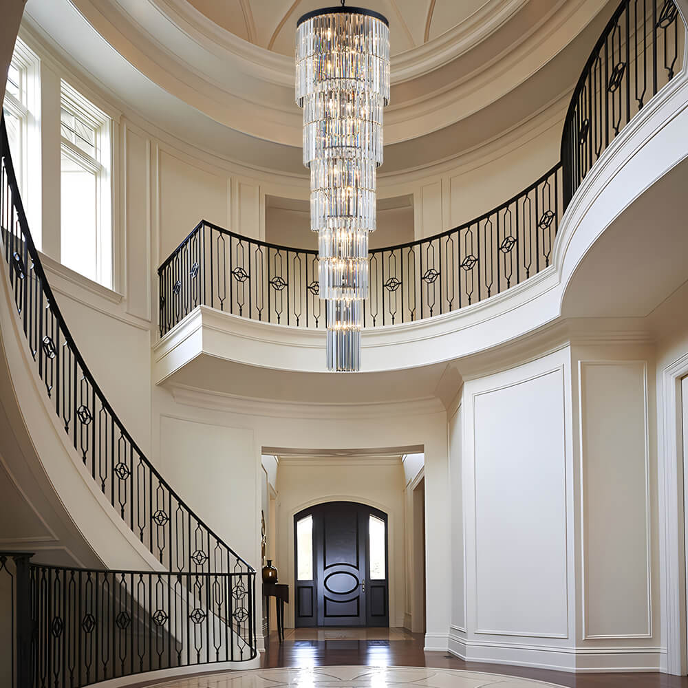10-tier crystal chandelier in villa staircase entryway