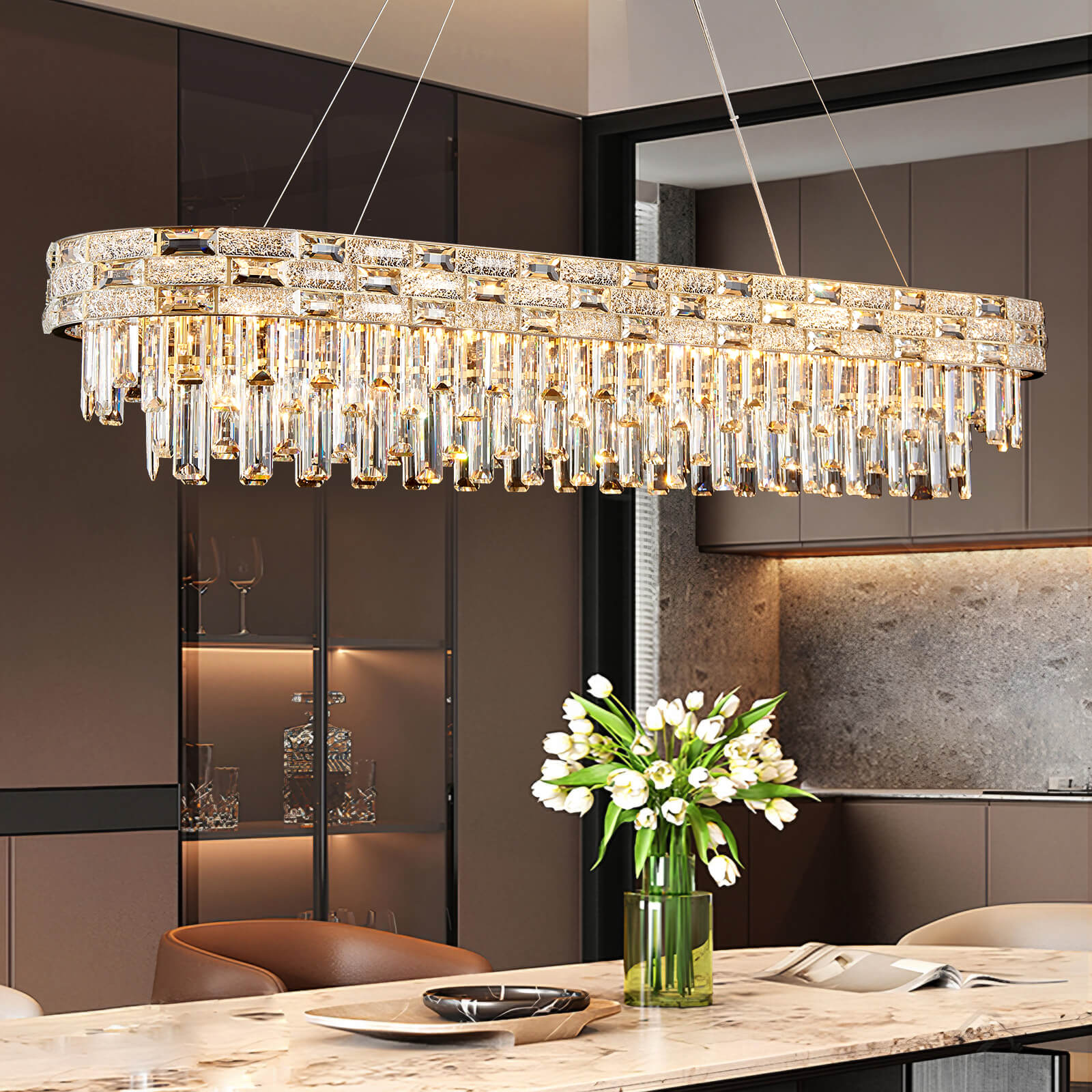 Oval Pendant Ceiling Chandelier 49.2" Length Fixture for Kitchen Island, Dining Room, Bar, Living Room and Hotel Lobby
