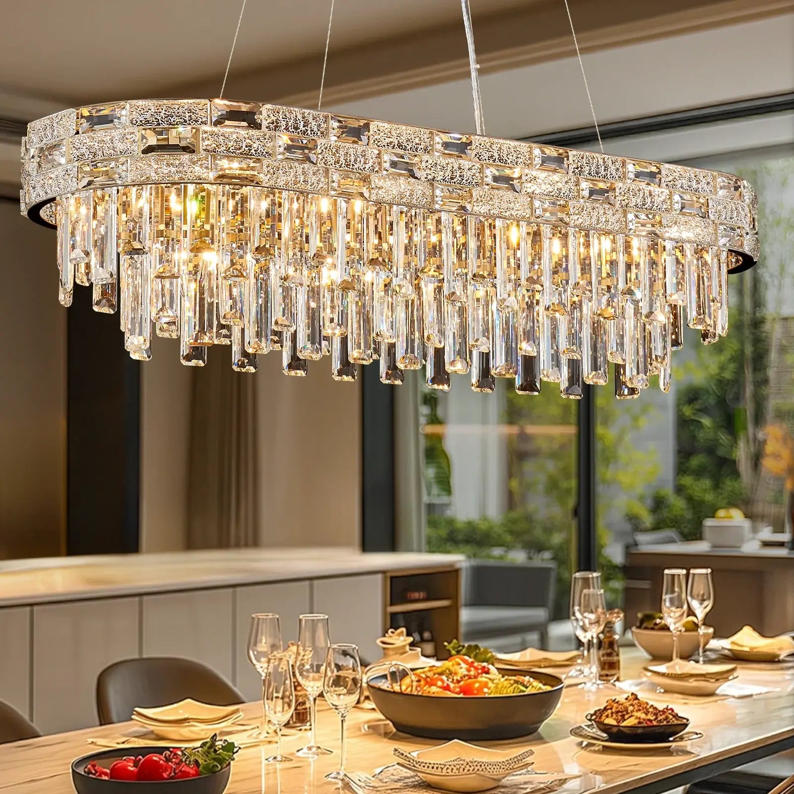 Oval Restaurant Chandelier - Length 34.3" Adjustable hanging height, Decorative K9 Crystal Lighting Fixture for Dining Room Kitchen Island