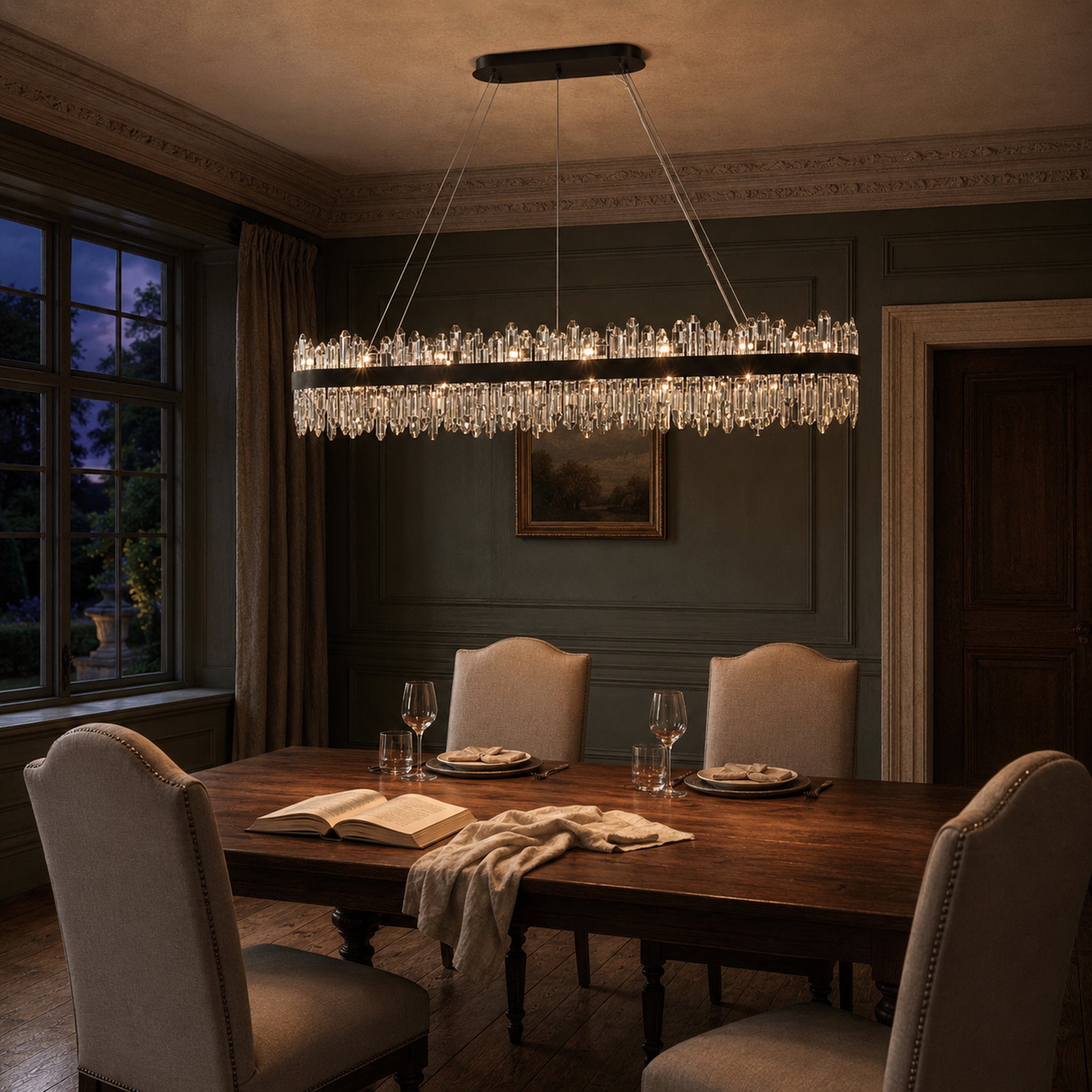 Rectangular Crystal Chandelier 57" — 32-Light Modern K9 Chandelier