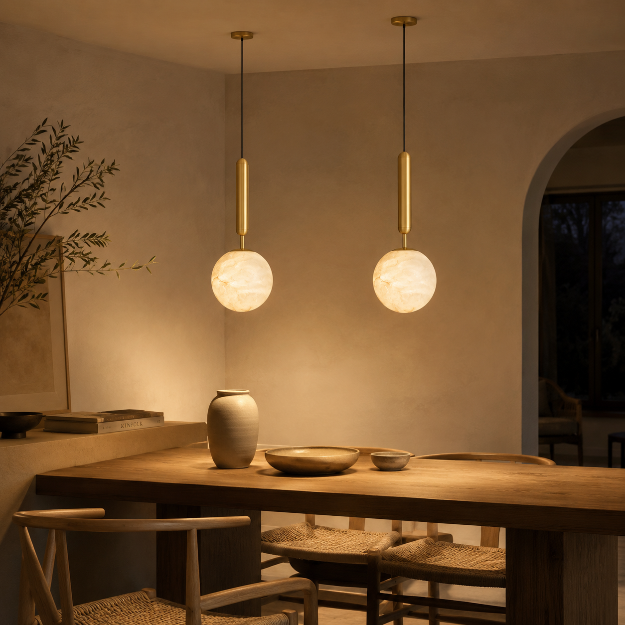 Bosso Alabaster Pendant Light — Natural Spanish Alabaster & Brass Mini Pendant, 4.7" or 5.9", G9 Socket, Kitchen Island & Bedside
