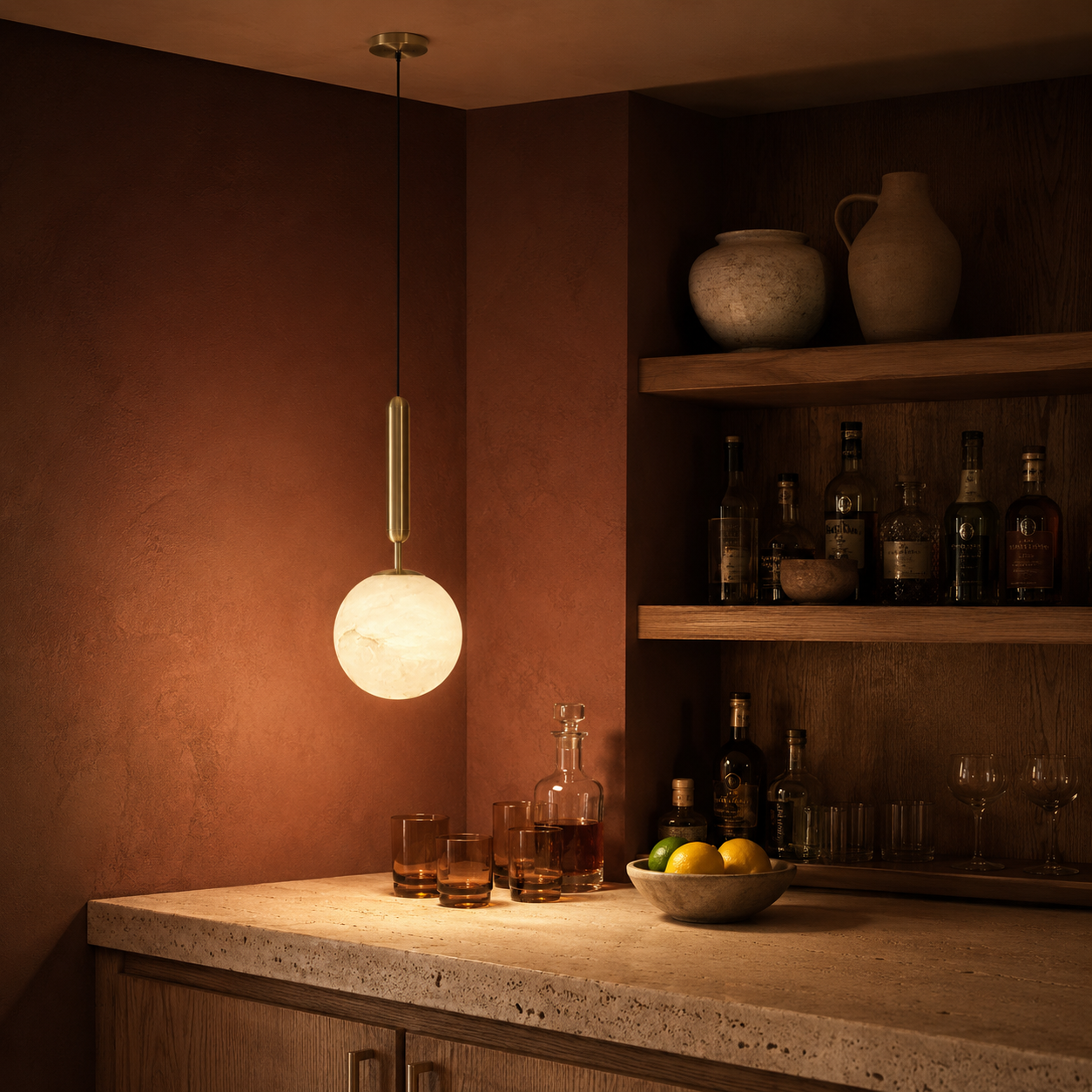 Bosso Alabaster Pendant Light — Natural Spanish Alabaster & Brass Mini Pendant, 4.7" or 5.9", G9 Socket, Kitchen Island & Bedside