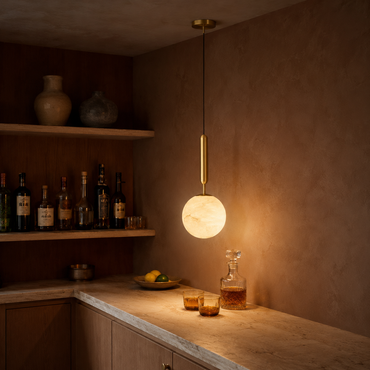 Bosso Alabaster Pendant Light — Natural Spanish Alabaster & Brass Mini Pendant, 4.7" or 5.9", G9 Socket, Kitchen Island & Bedside