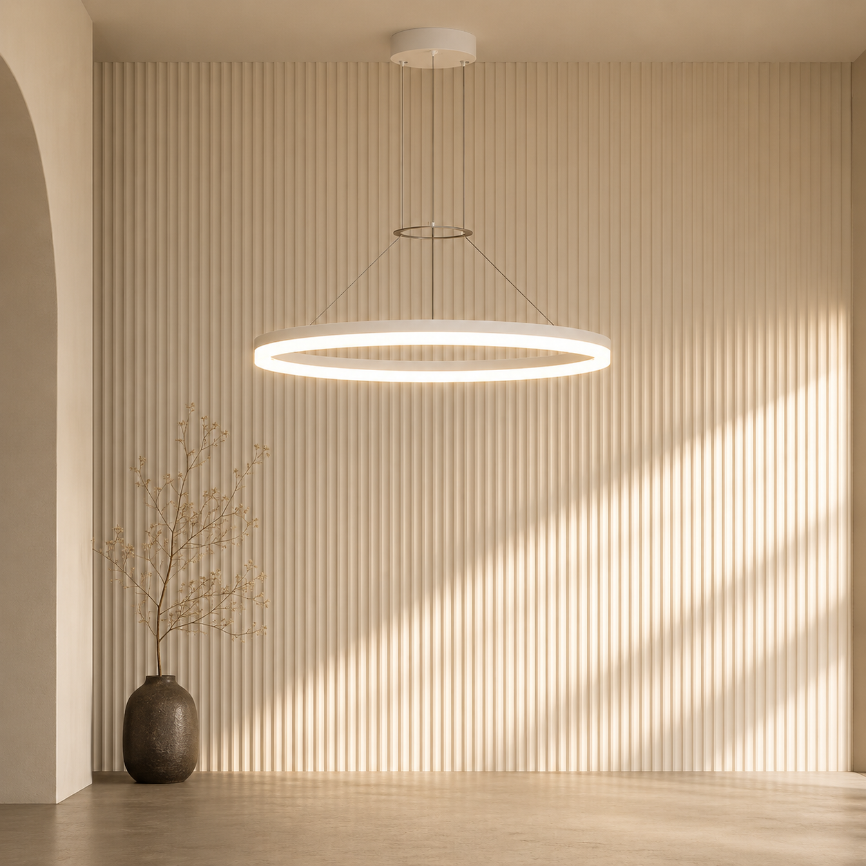 Calve Minimalist Ring Chandelier | Round LED Ceiling Light in Black or White for Bedroom & Dining