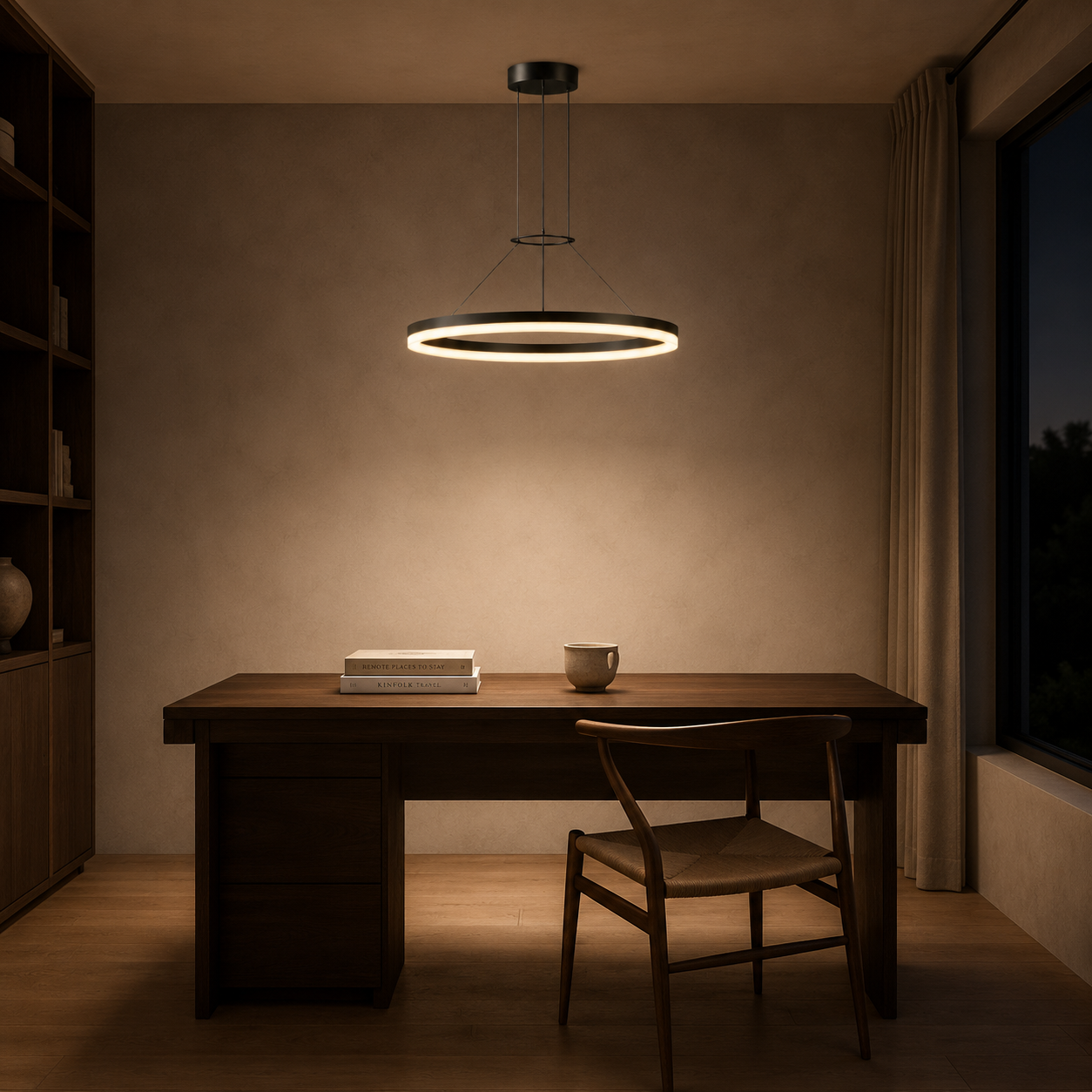 Calve Minimalist Ring Chandelier | Round LED Ceiling Light in Black or White for Bedroom & Dining