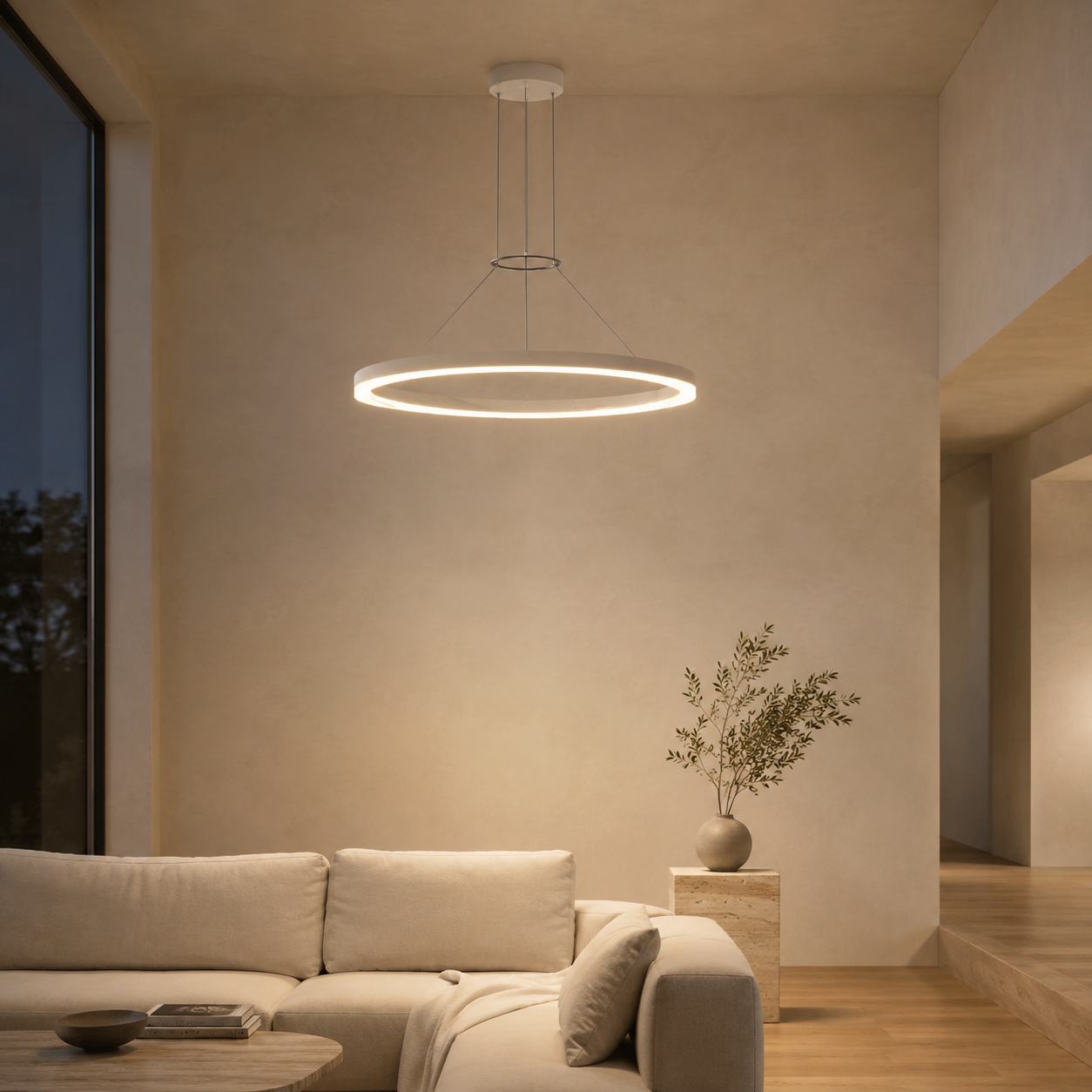 Calve Minimalist Ring Chandelier | Round LED Ceiling Light in Black or White for Bedroom & Dining