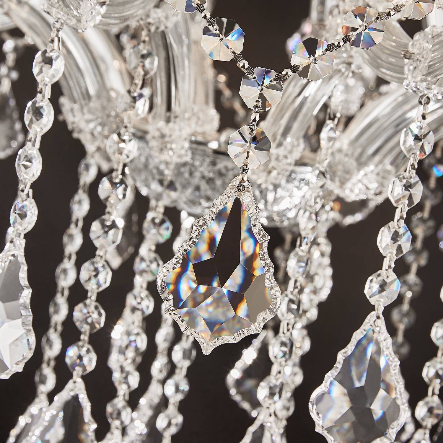 Close-up of sparkling K9 crystal strands on chandelier