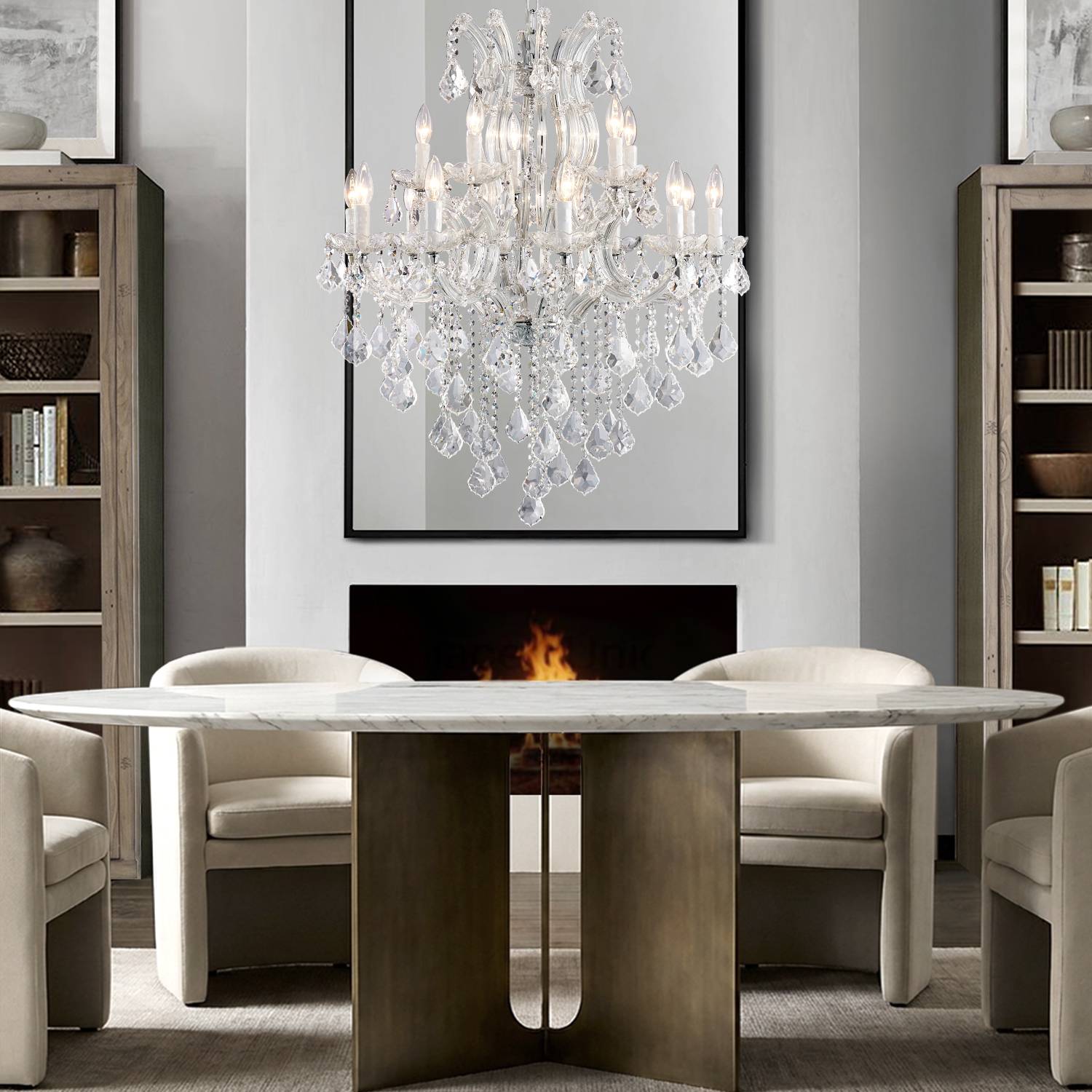 Maria Theresa crystal chandelier above round dining table