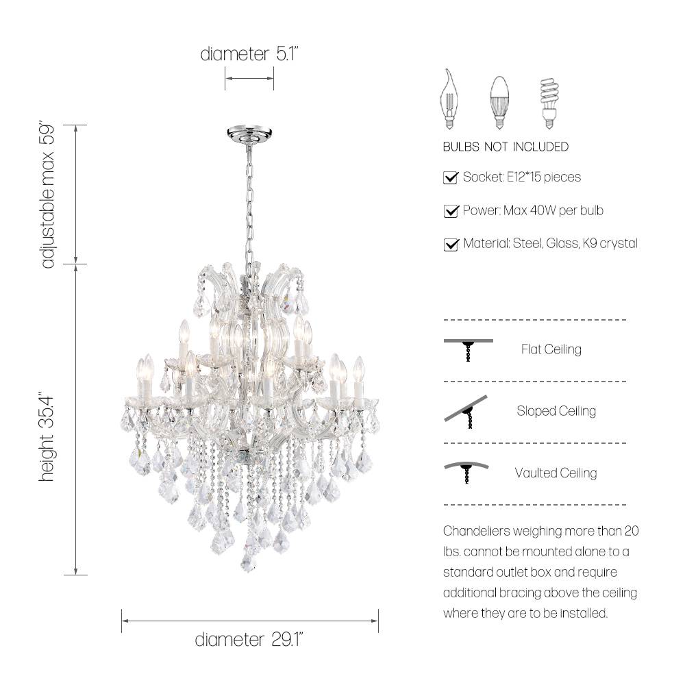 Maria Theresa 15-light chandelier dimensions and installation details