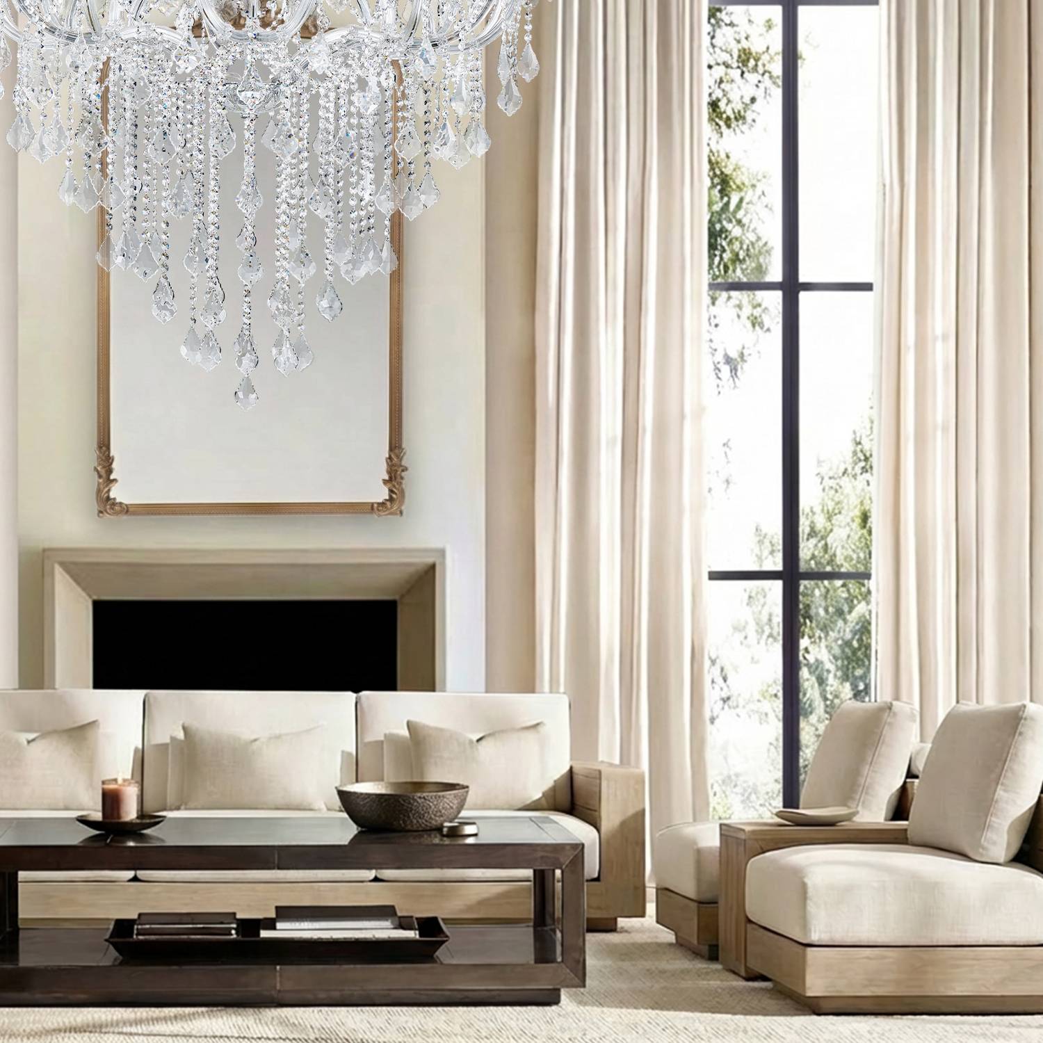 Maria Theresa chandelier in bright living room with large window