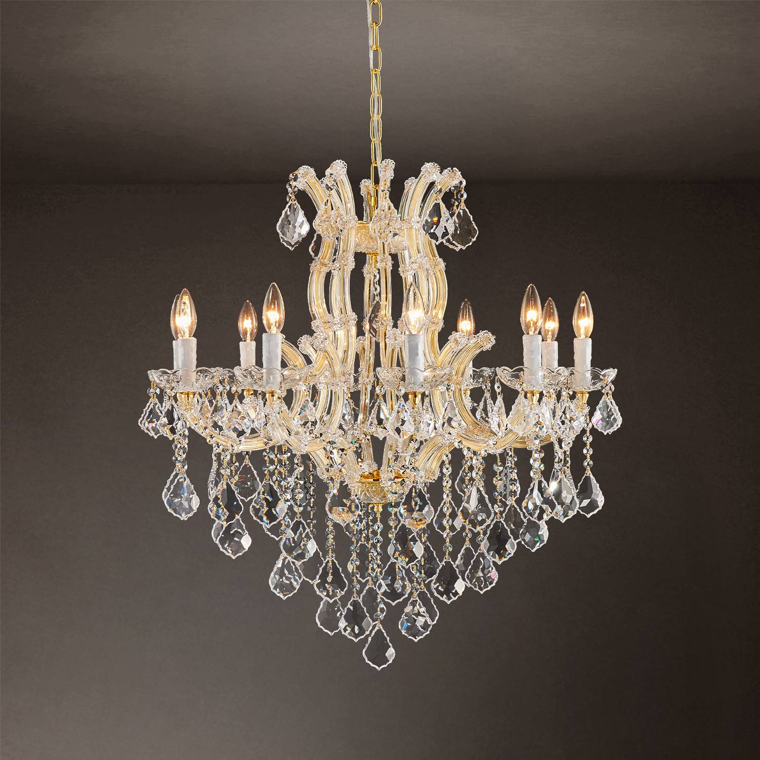 Maria Theresa 10-light crystal chandelier hanging from gold chain
