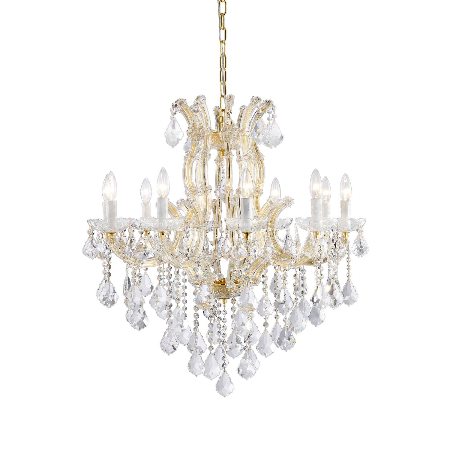 Maria Theresa 10-light crystal chandelier dimensions and bulb details
