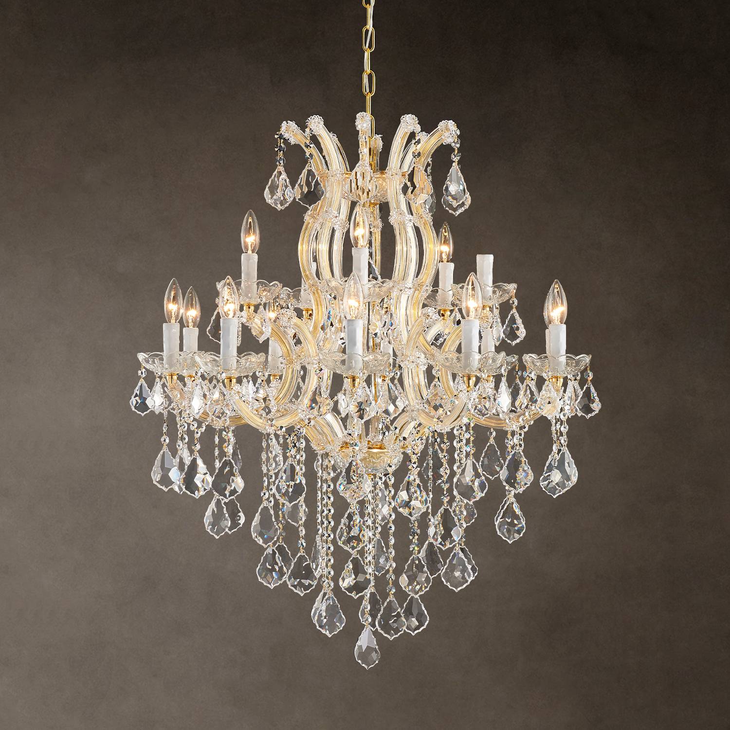 Maria Theresa 15-light gold K9 crystal chandelier for high ceiling rooms