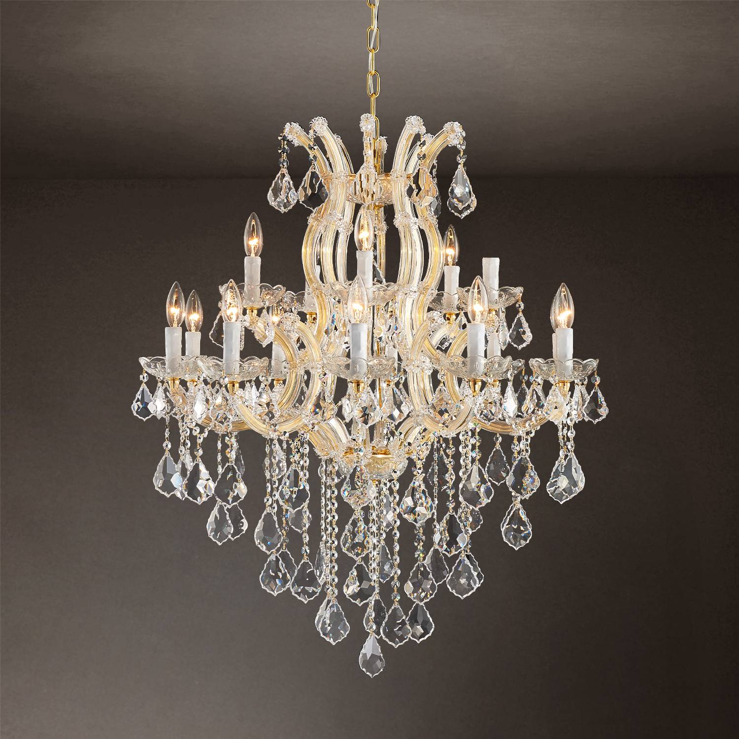 Maria Theresa 15-light crystal chandelier hanging from gold chain