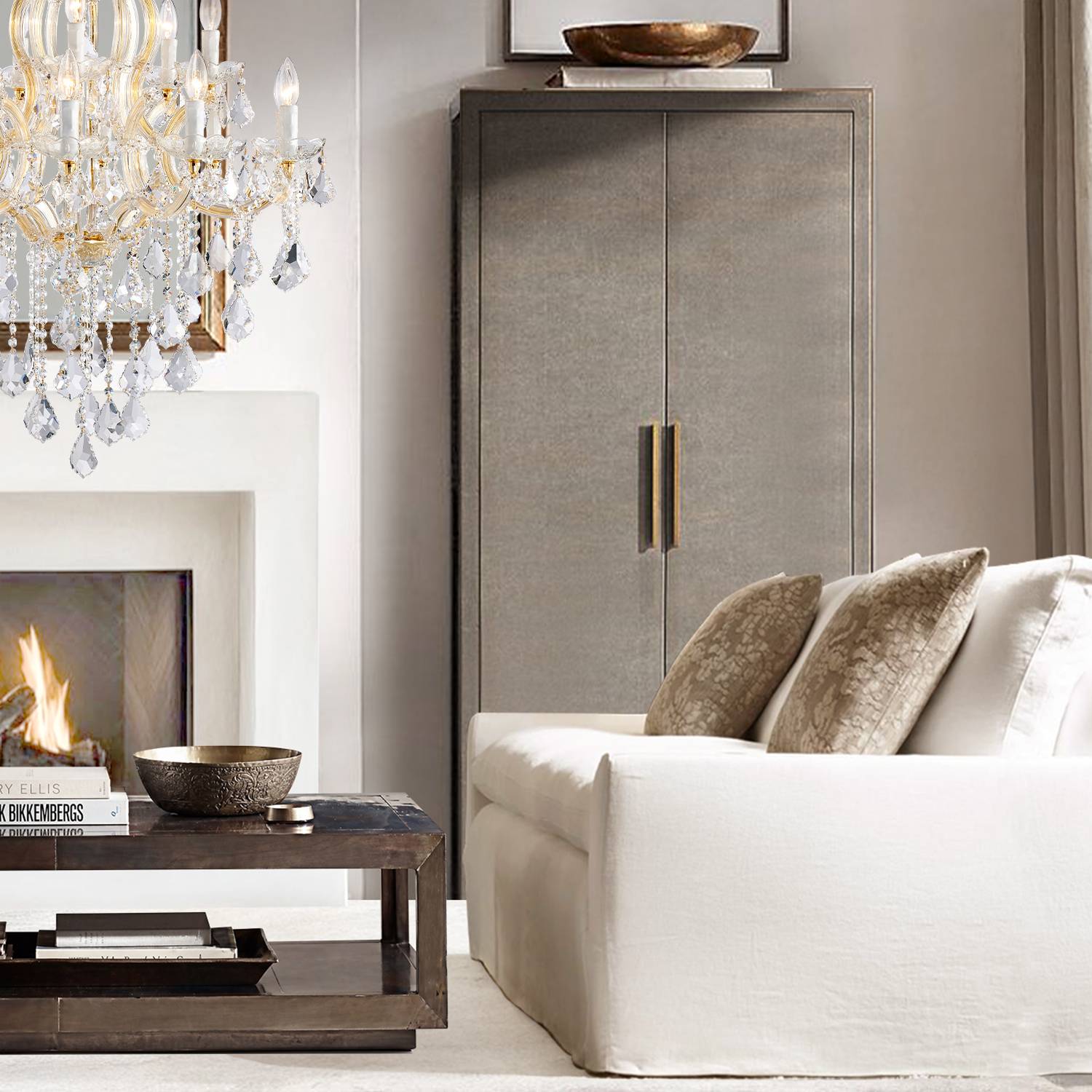 Gold Maria Theresa crystal chandelier in bedroom interior