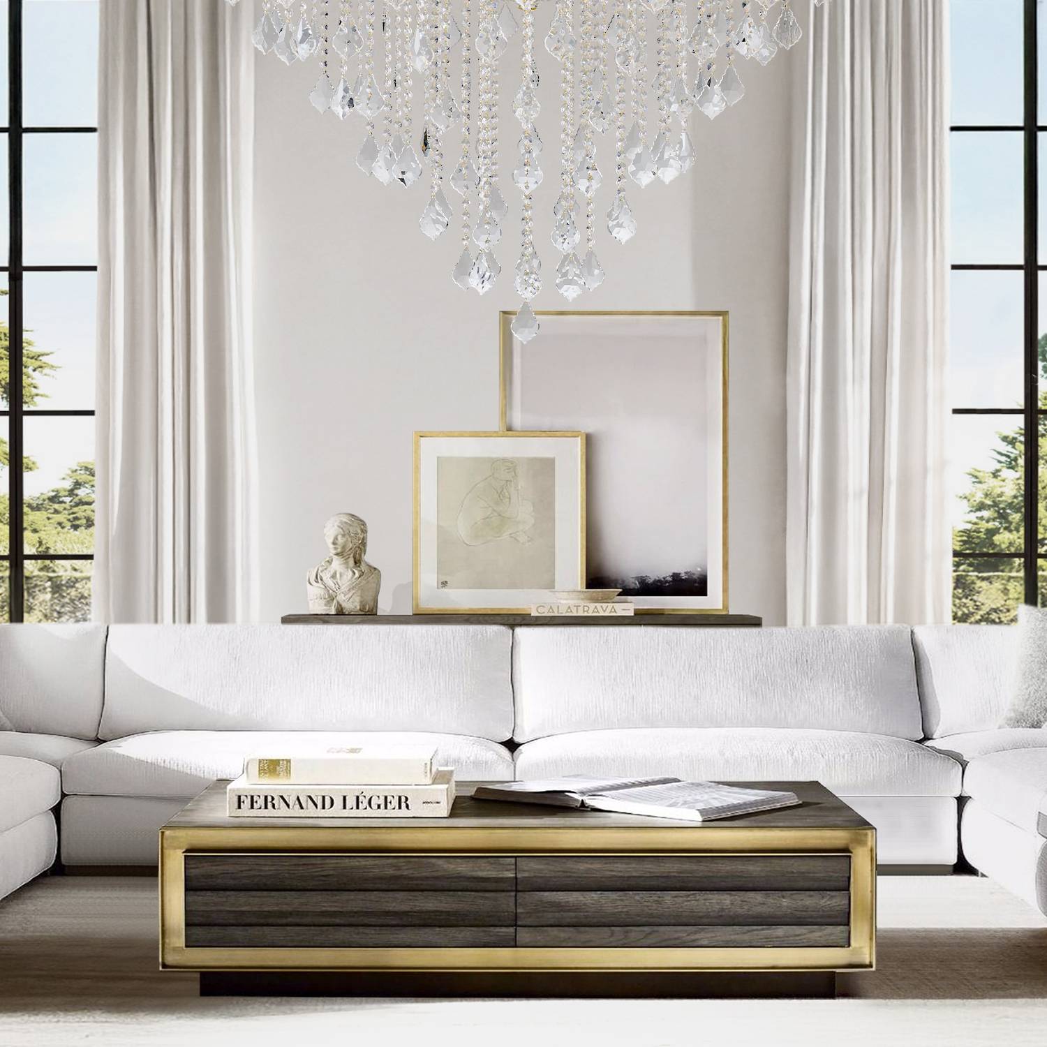 Silver Maria Theresa crystal chandelier in bright living room
