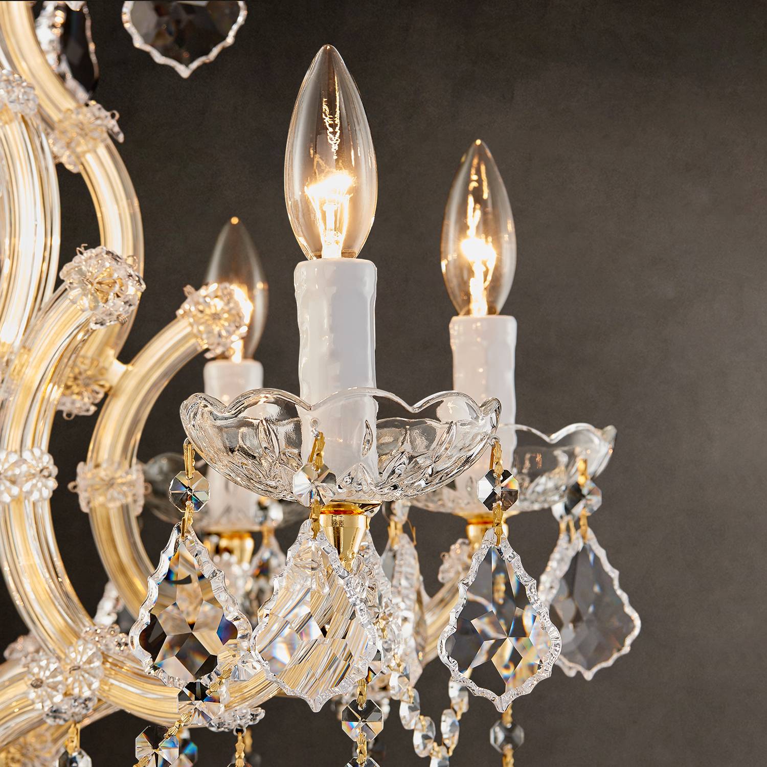 K9 crystal drops and gold frame on Maria Theresa chandelier