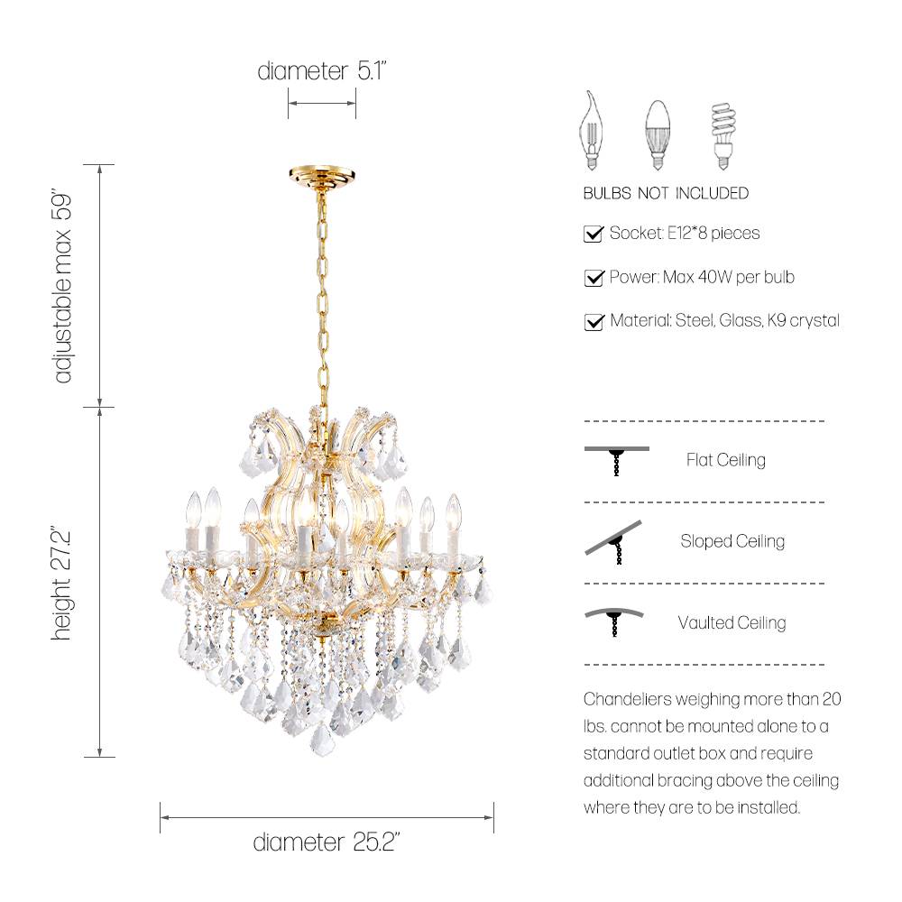 Maria Theresa crystal chandelier size and hanging chain details