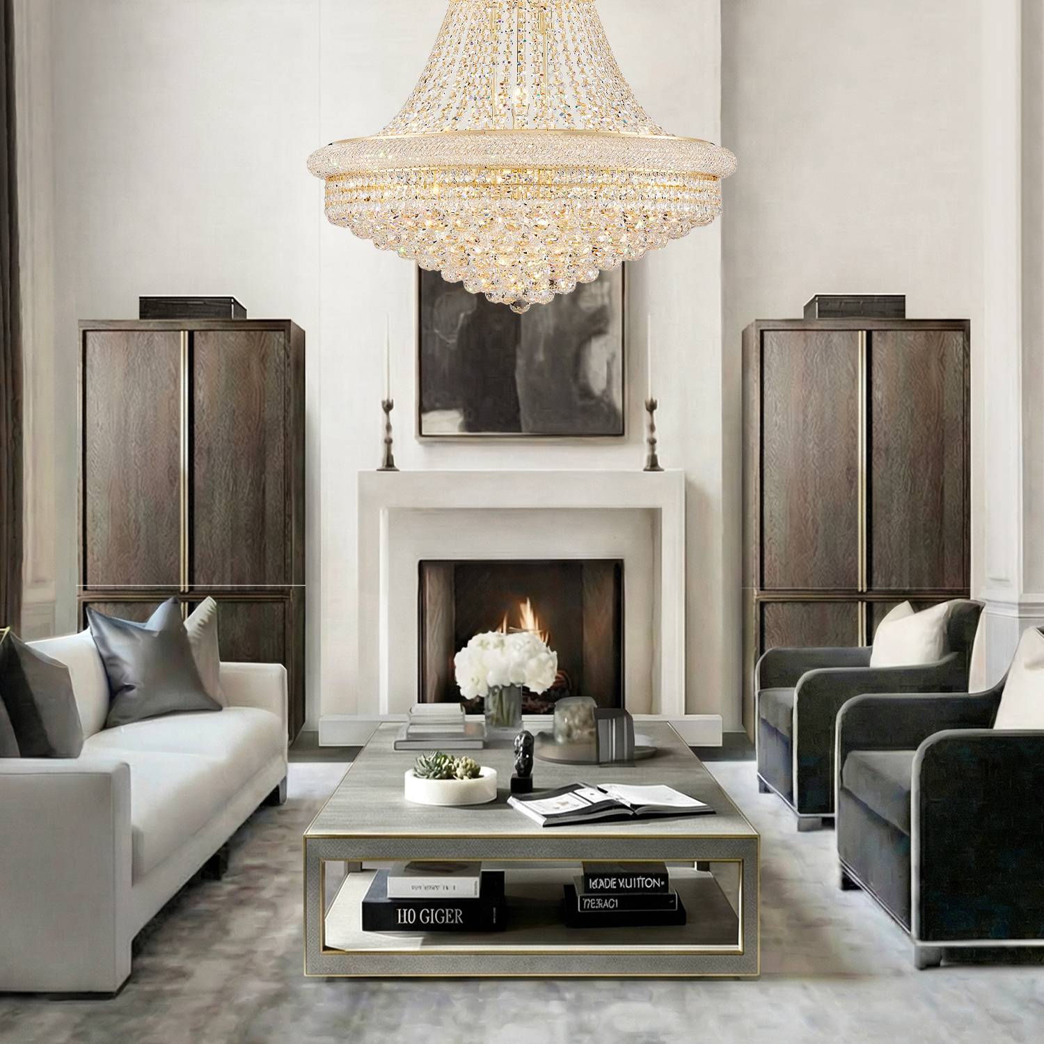 Empire crystal chandelier near staircase and fireplace