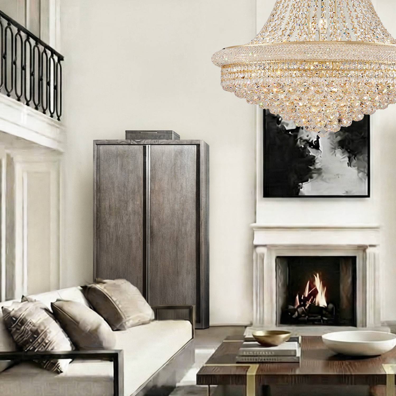 Empire crystal chandelier near staircase and fireplace