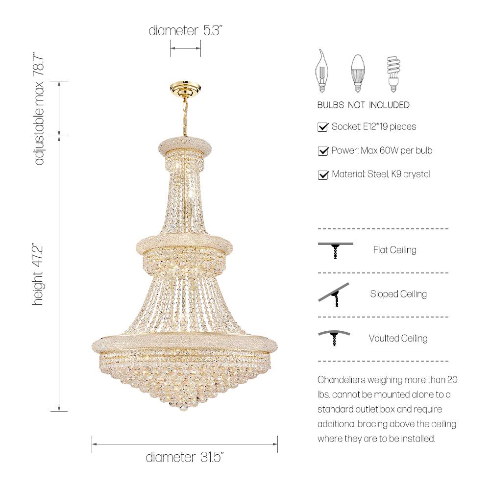 Gold Empire 31.5 inch crystal chandelier dimensions and bulb guide