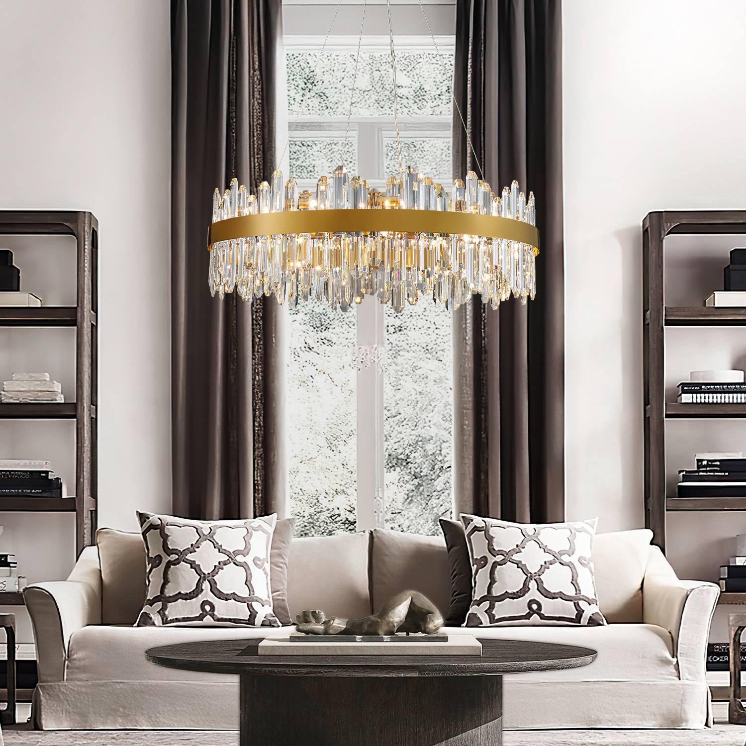 Modern Round Chandelier, D30 inch 24-Light 2-Tier K9 Crystal Pendant Ceiling Light Fixture for Dining Room, Living Room, Kitchen