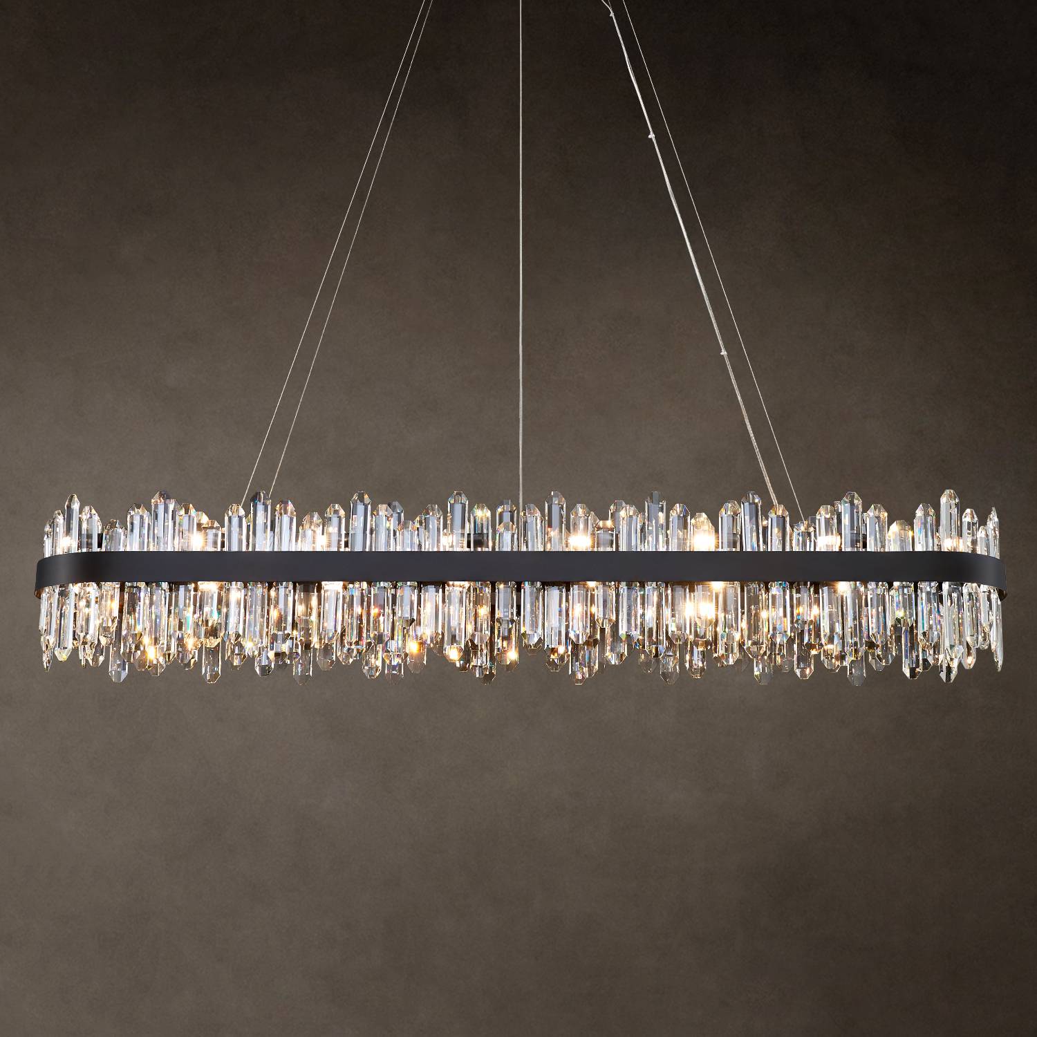 Rectangular black K9 crystal chandelier hanging on dark background