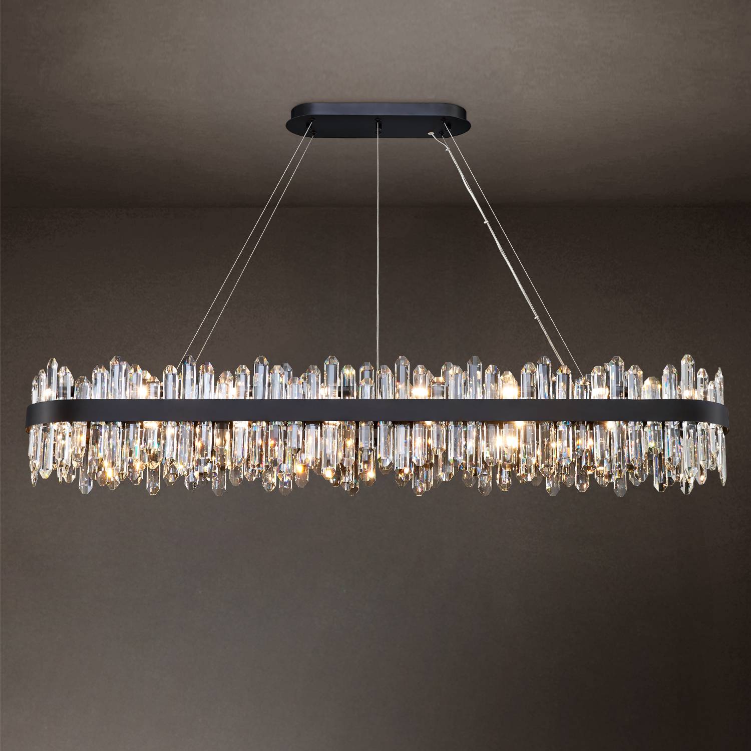 Black linear K9 crystal chandelier with adjustable cables