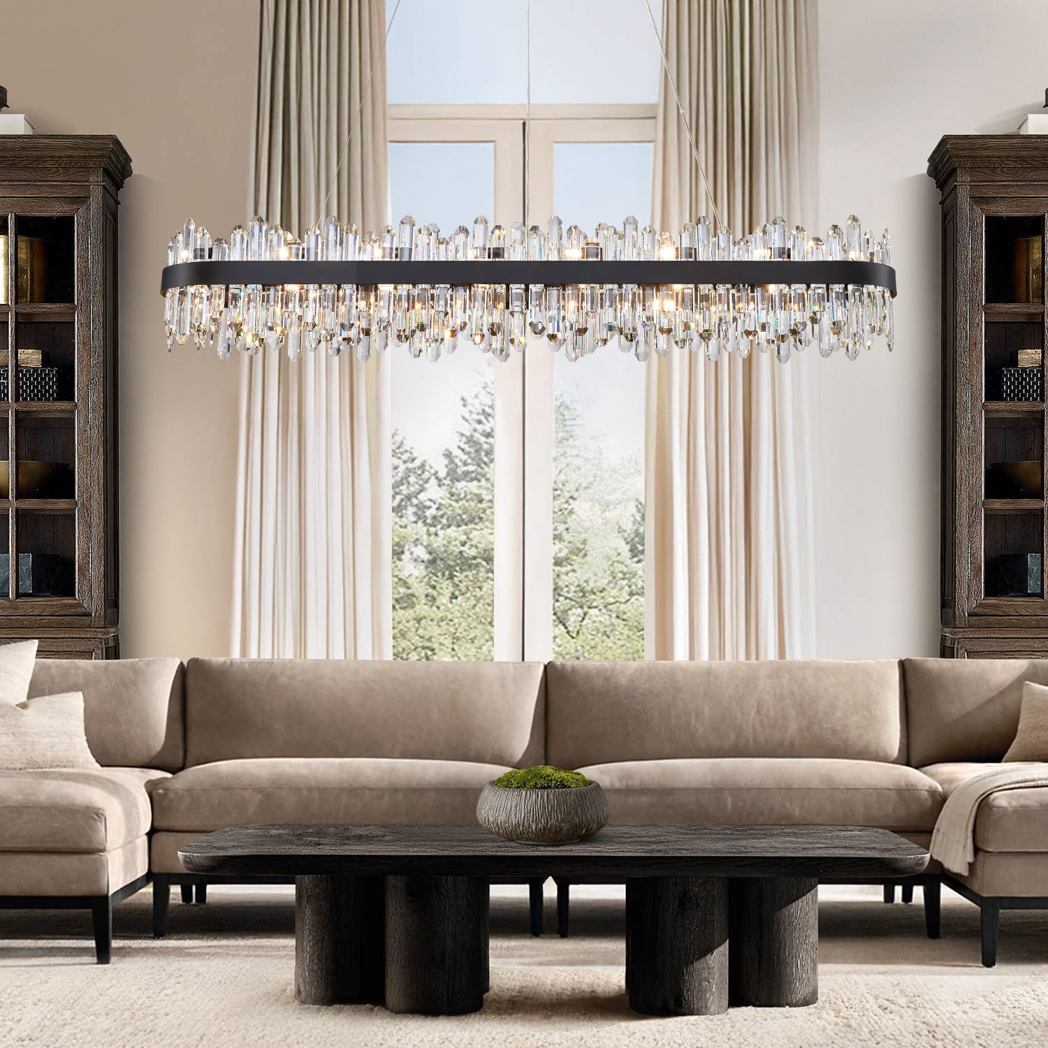 Black rectangular crystal chandelier in modern living room