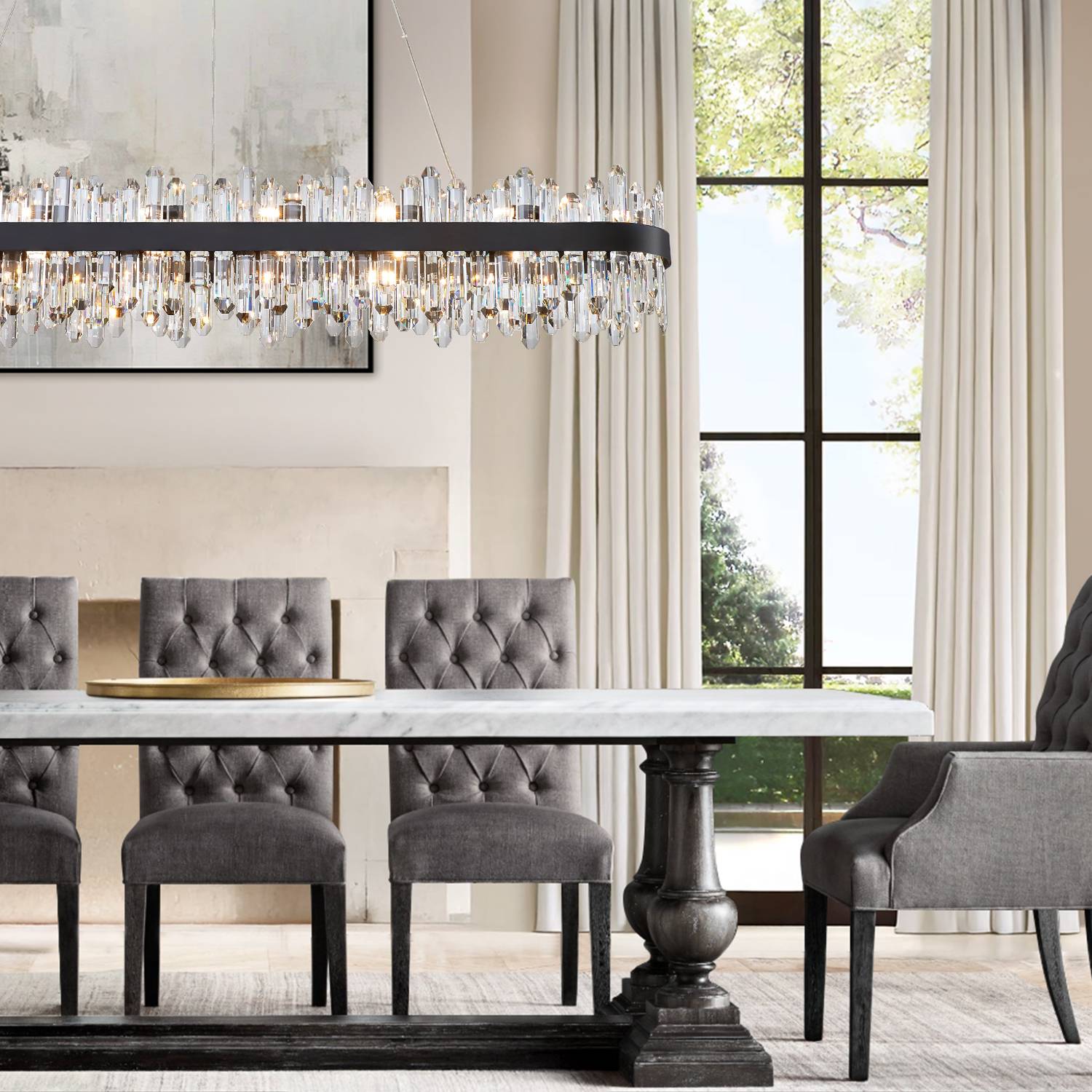Black rectangular chandelier above dining table